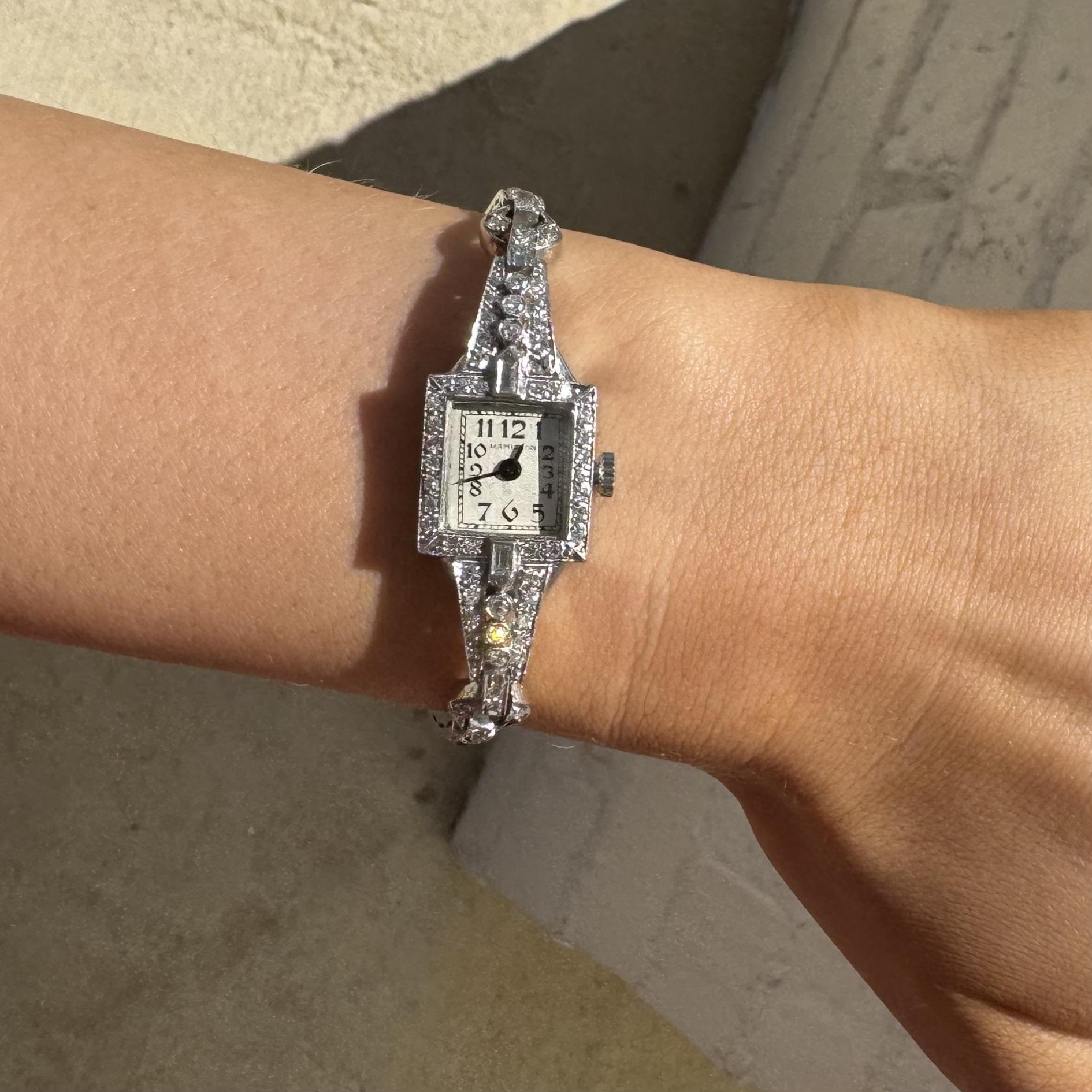 We always love these vintage timepieces!

Watch Details
Material: Platinum
Era: Art Deco 1920 - 1940
Movement Recently Converted To Quartz Battery For Ease Of Use
Head Width: 14.7mm
Bracelet Width: 4mm
Weight: 22.4 Grams With Movement
Length: 7