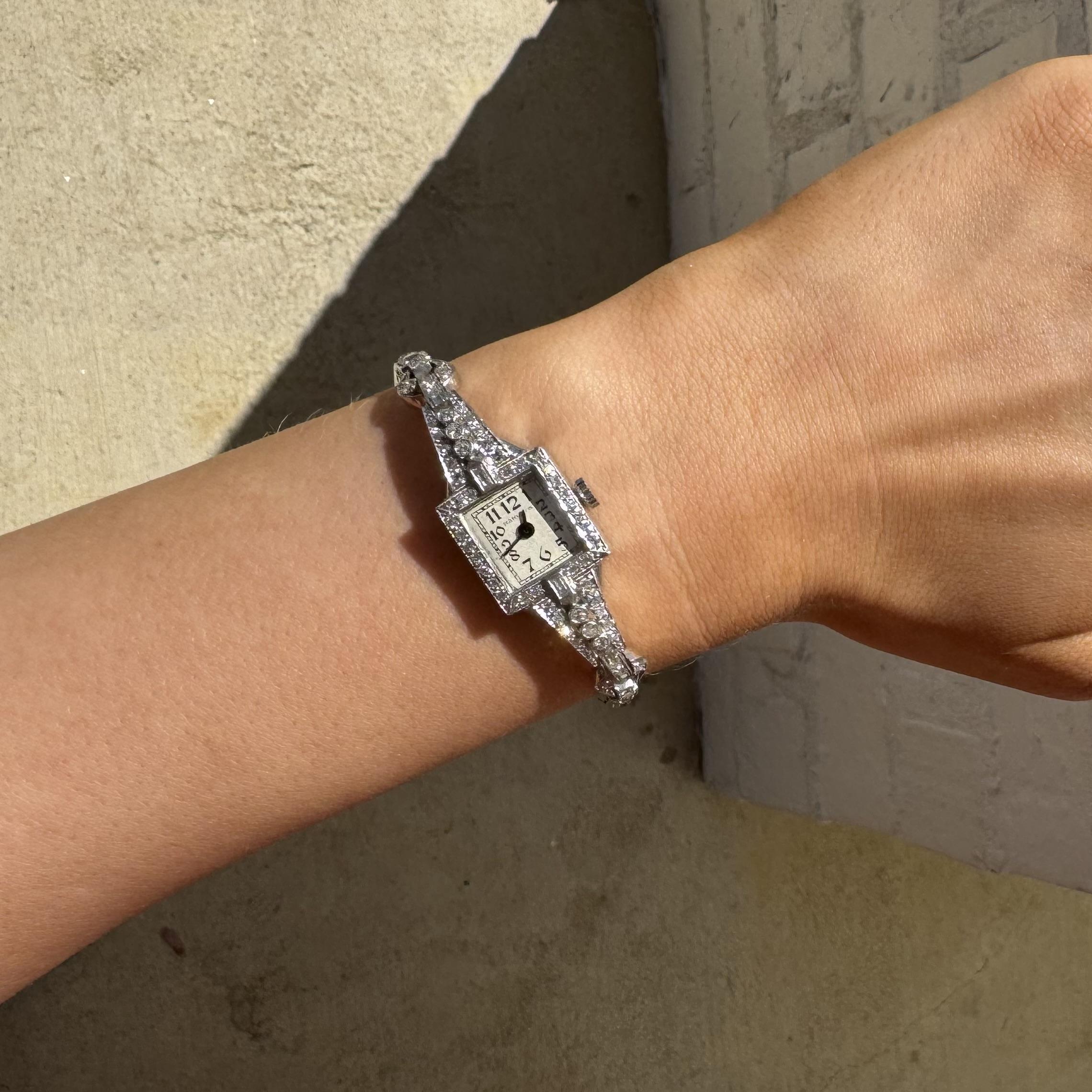 Art Deco Vintage Platinum 2 Carat Old Cut Diamond Watch For Sale