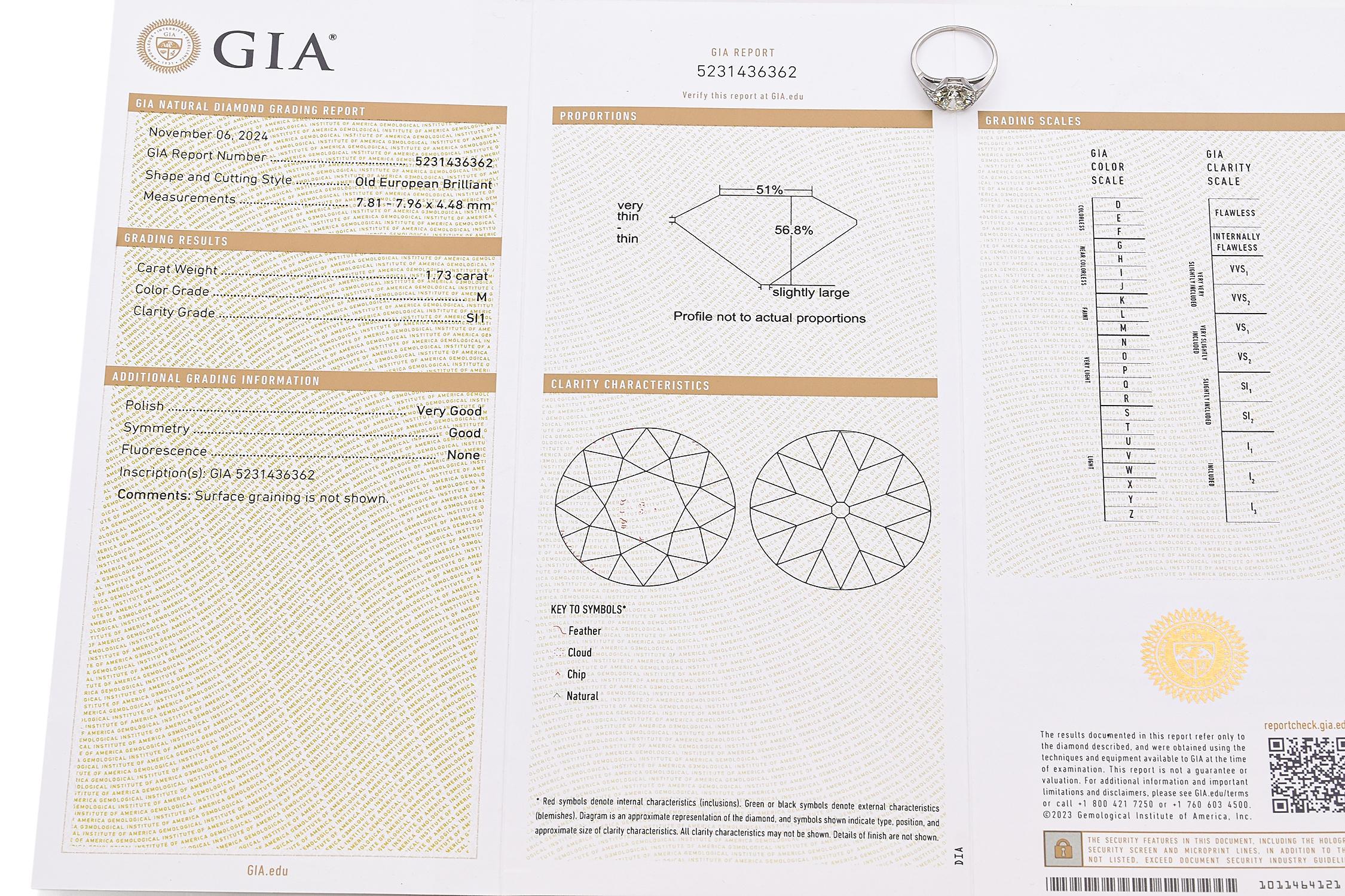 GIA-BERICHTSNUMMER: 5231436362

Die Form: Alteuropäischer Brillant
Abmessungen: 7,81 - 7,96 x 4,48 mm
Karatgewicht: 1,73 Karat
Farbe Grad: M
Reinheitsgrad: SI1
Polnisch: Sehr gut
Symmetrie: Gut
Fluoreszenz: Keine
Klarheitsmerkmale: Feder, Wolke,