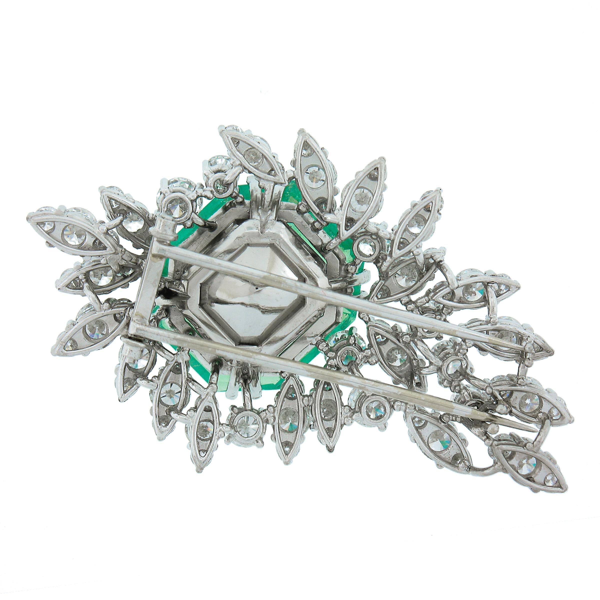 Emerald Cut Vintage Platinum 20.70ctw GIA Colombian Emerald Diamond Spray Pin Brooch For Sale