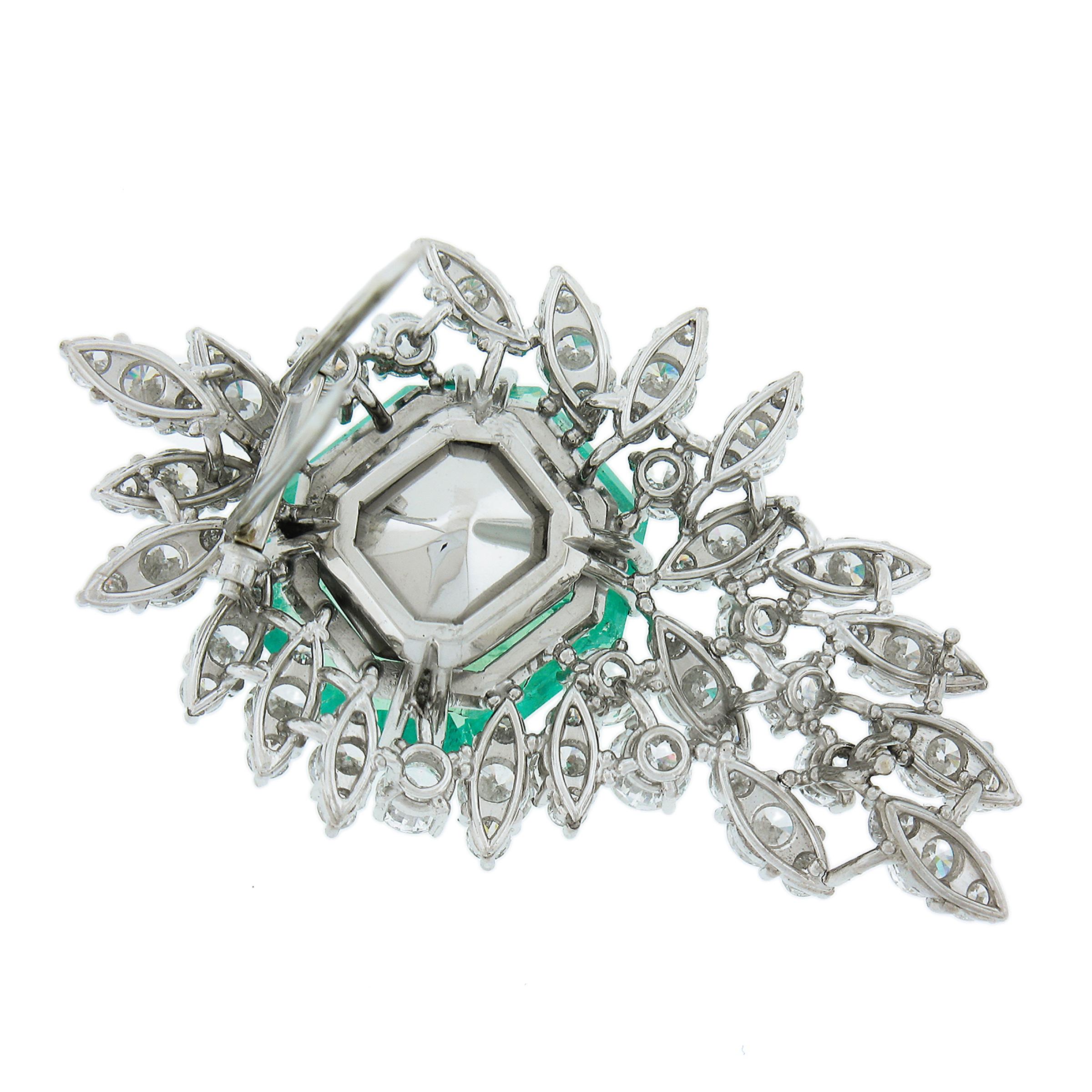Vintage Platinum 20.70ctw GIA Colombian Emerald Diamond Spray Pin Brooch In Good Condition For Sale In Montclair, NJ