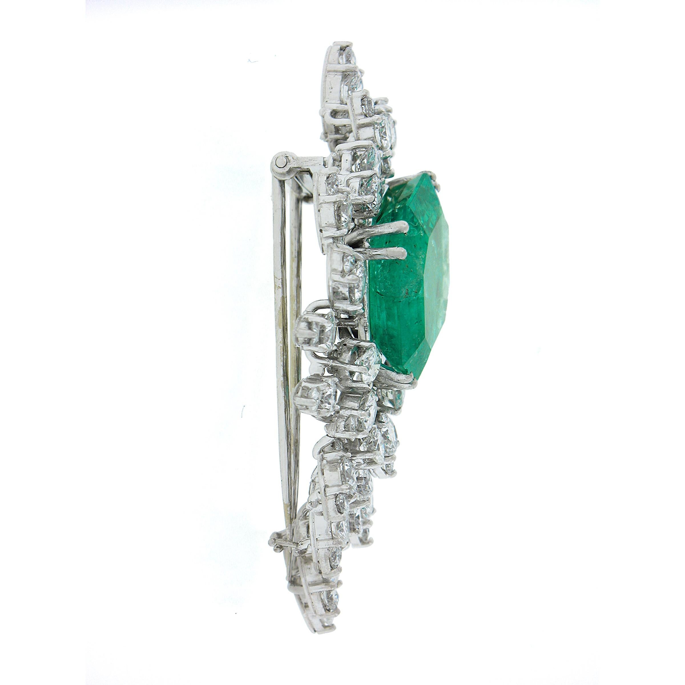 Women's or Men's Vintage Platinum 20.70ctw GIA Colombian Emerald Diamond Spray Pin Brooch For Sale
