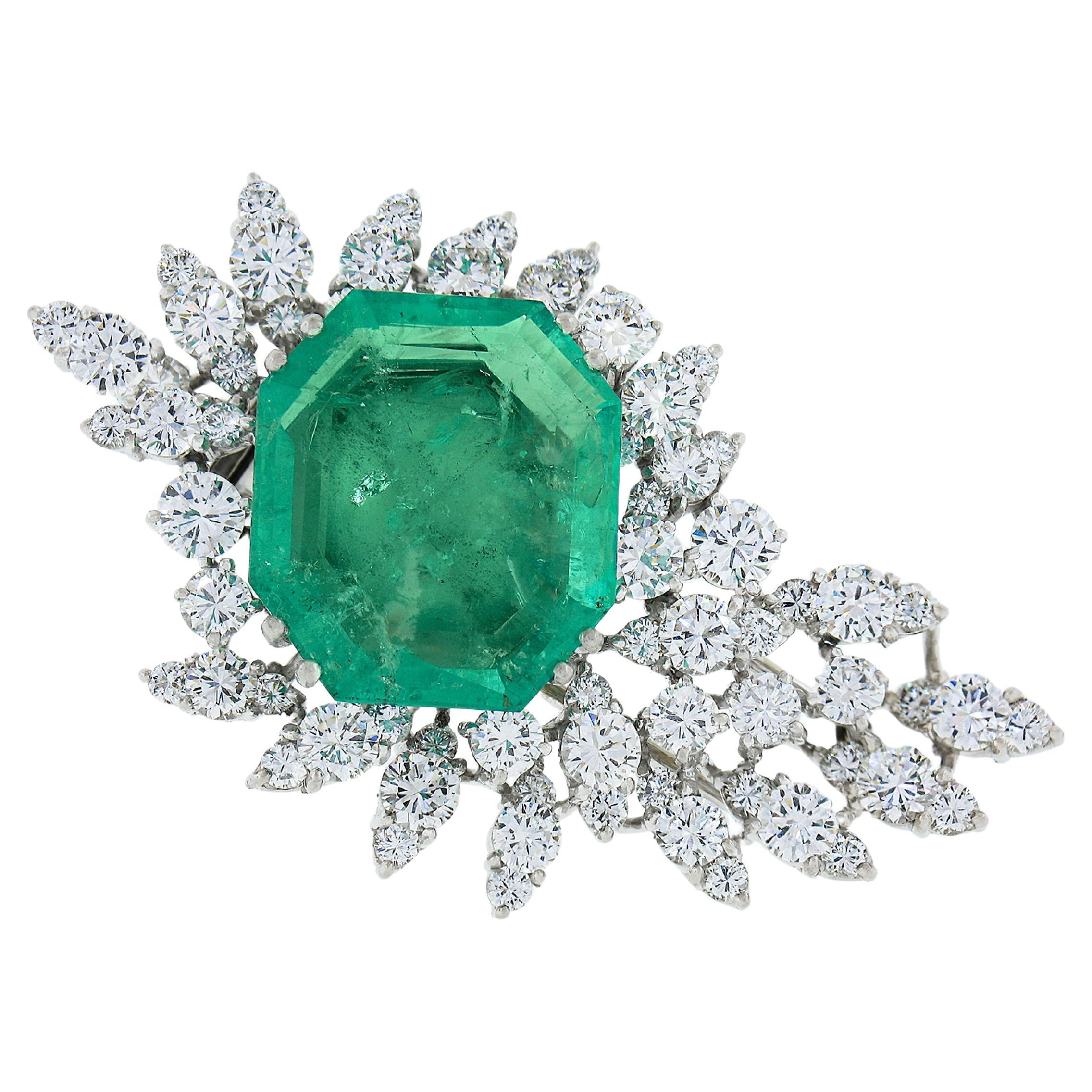 Vintage Platin 20,70ctw GIA kolumbianischer Smaragd Diamant Sprühnadelbrosche, Vintage im Angebot