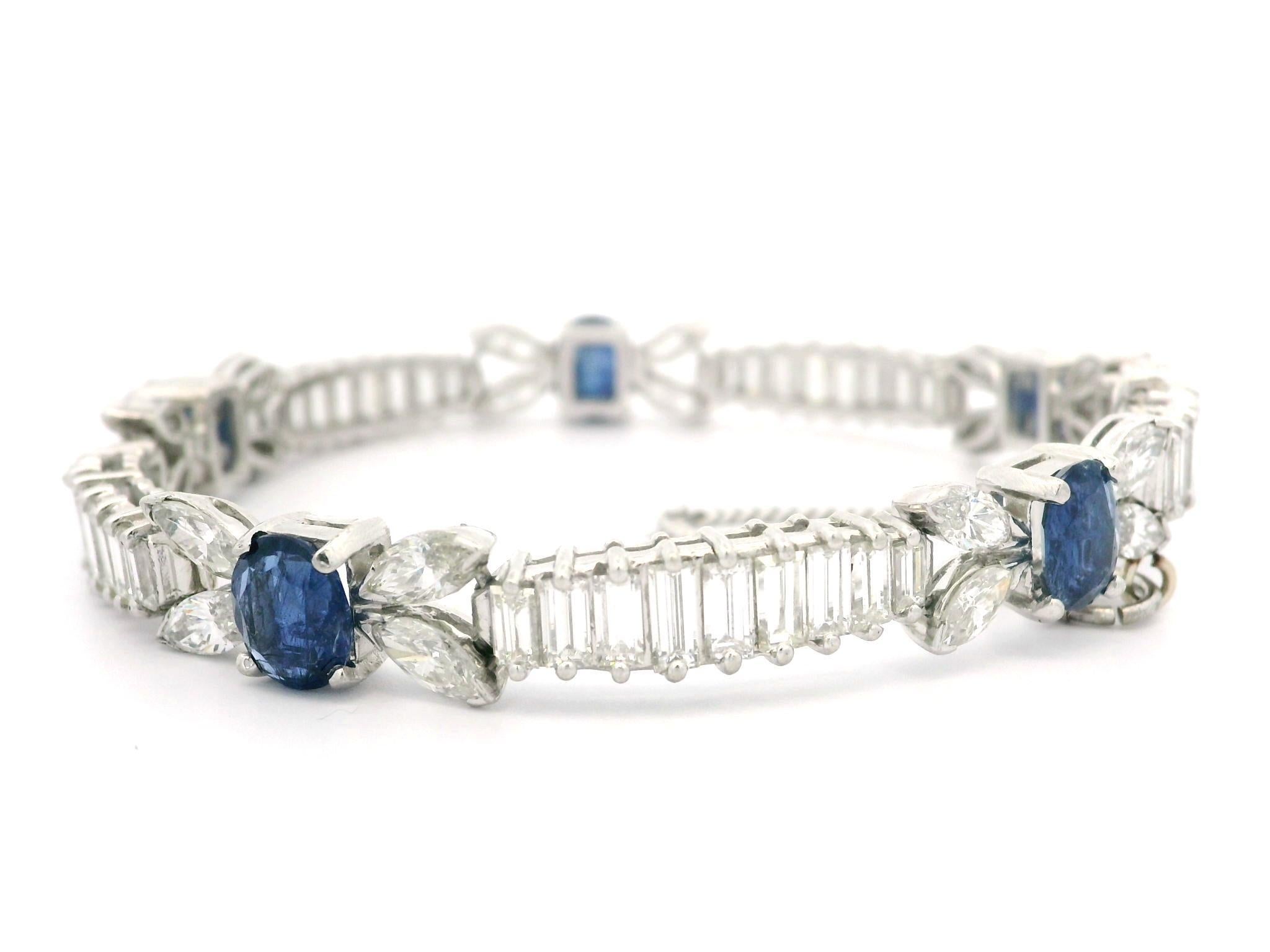 Vintage Platinum 20ctw Sapphire & Baguette Marquise Diamond Line Bracelet For Sale 5