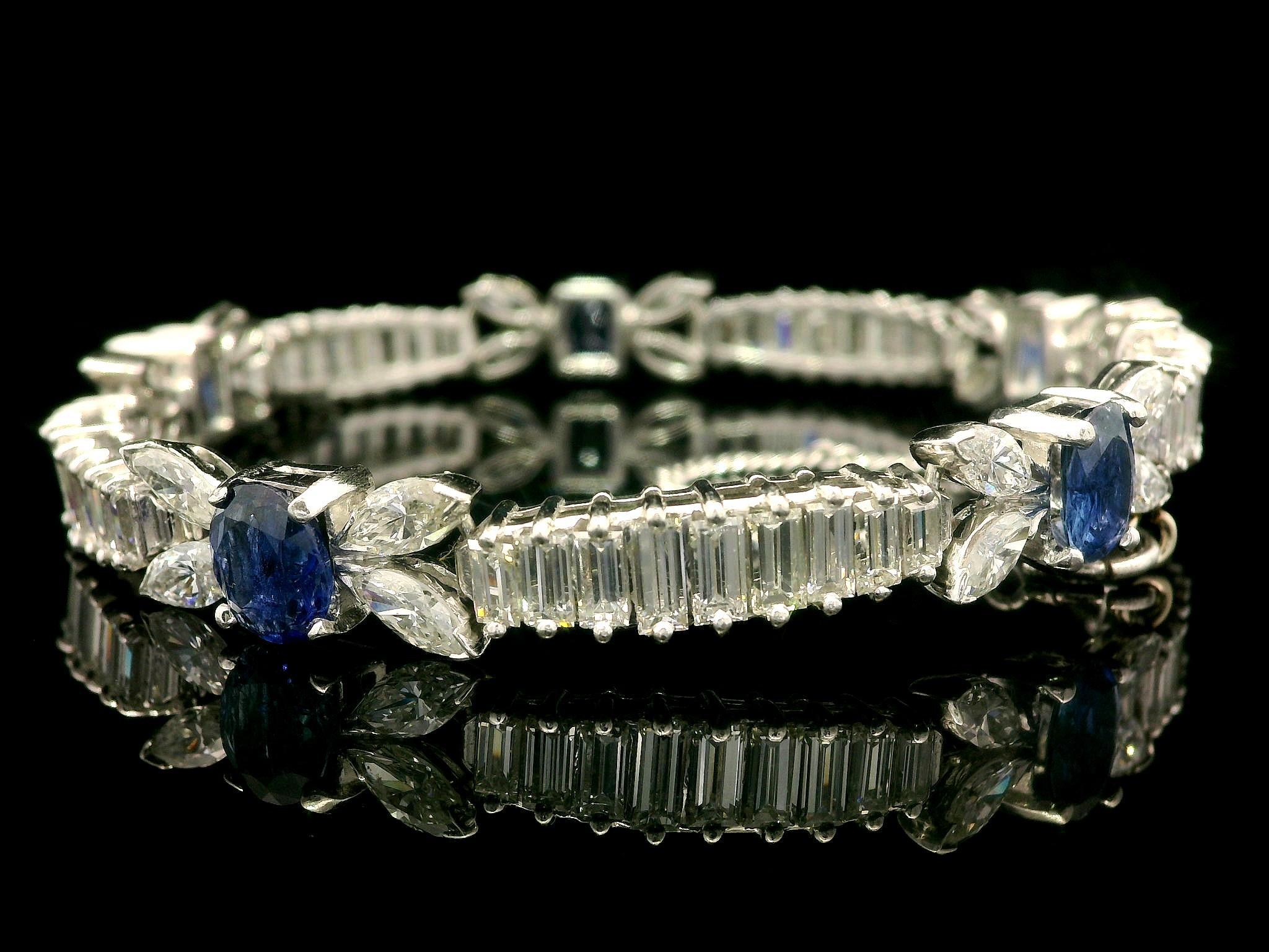 Vintage Platinum 20ctw Sapphire & Baguette Marquise Diamond Line Bracelet In Excellent Condition For Sale In Montclair, NJ