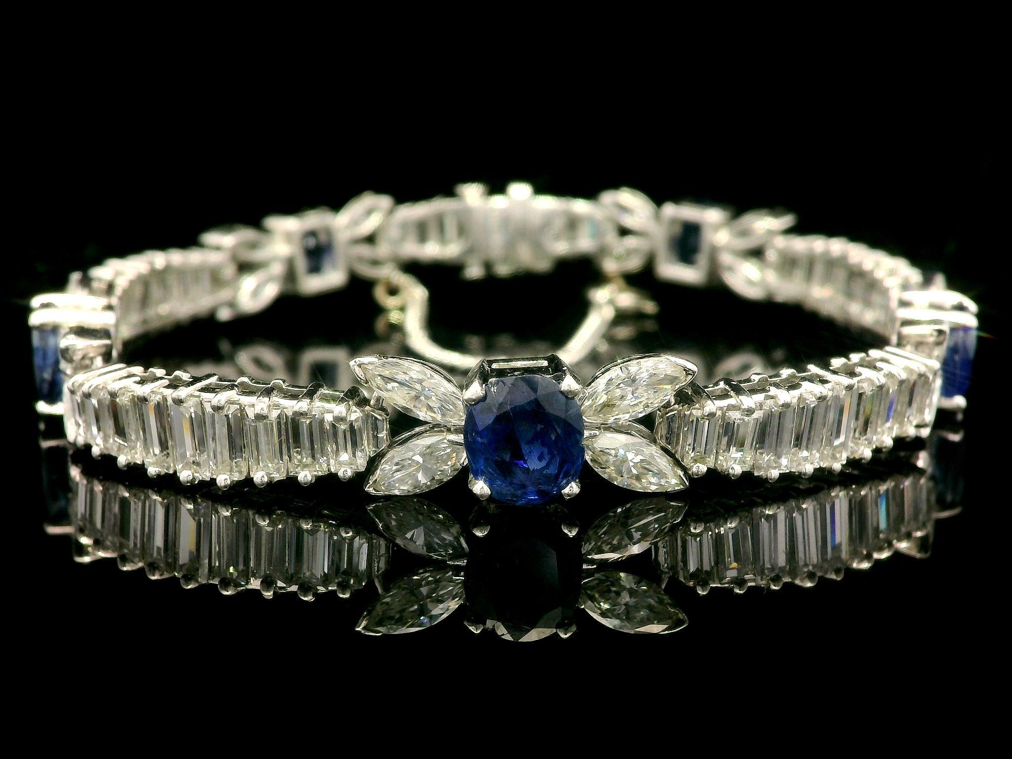 Women's Vintage Platinum 20ctw Sapphire & Baguette Marquise Diamond Line Bracelet For Sale