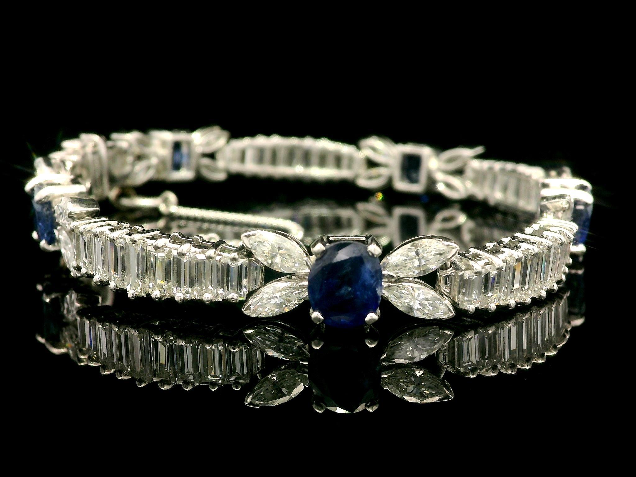 Vintage Platinum 20ctw Sapphire & Baguette Marquise Diamond Line Bracelet For Sale 1