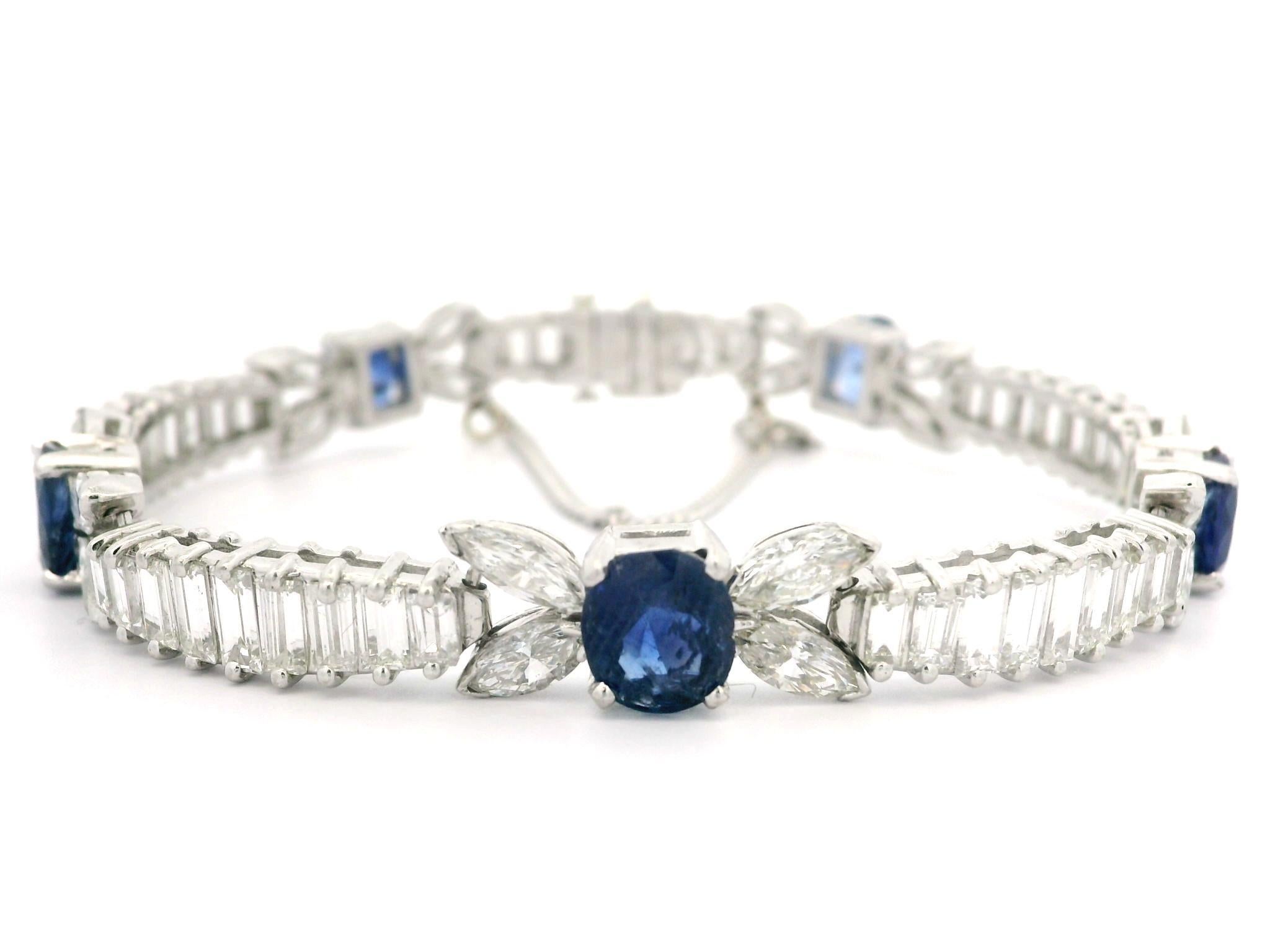 Vintage Platinum 20ctw Sapphire & Baguette Marquise Diamond Line Bracelet For Sale 2