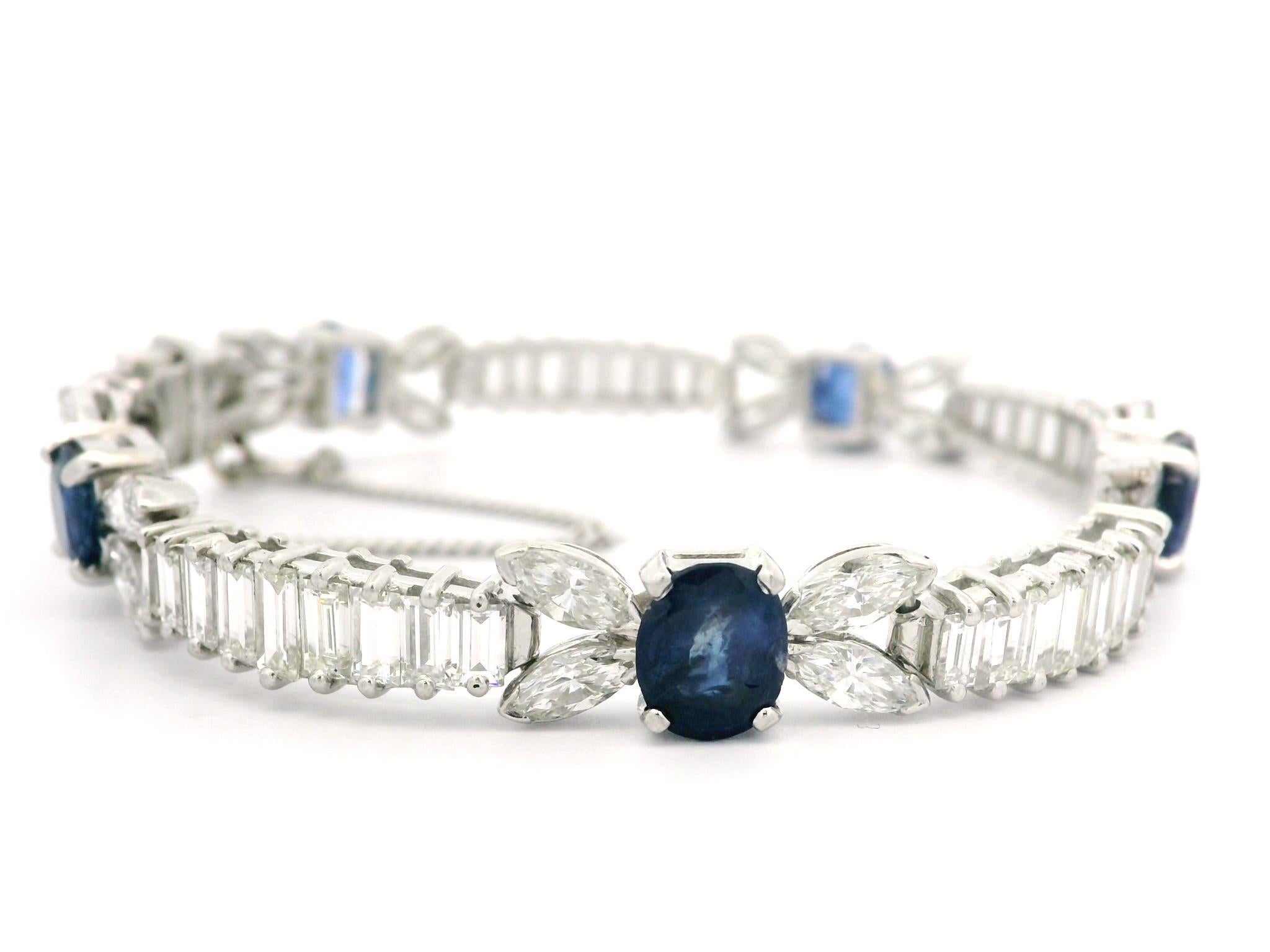 Vintage Platinum 20ctw Sapphire & Baguette Marquise Diamond Line Bracelet For Sale 3