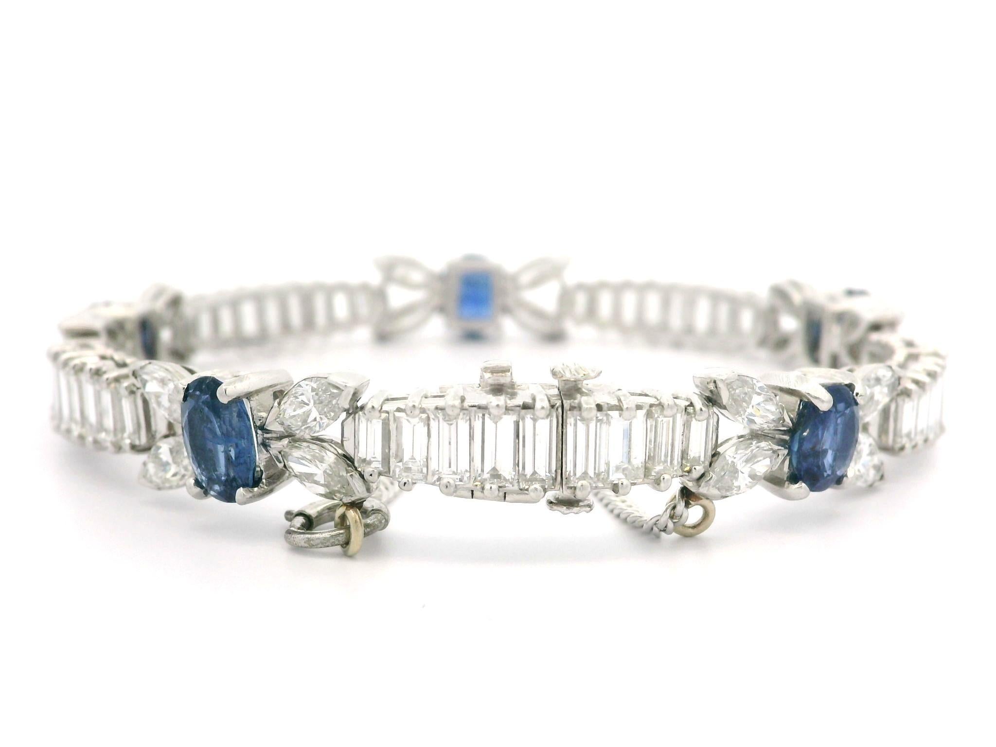 Vintage Platinum 20ctw Sapphire & Baguette Marquise Diamond Line Bracelet For Sale 4