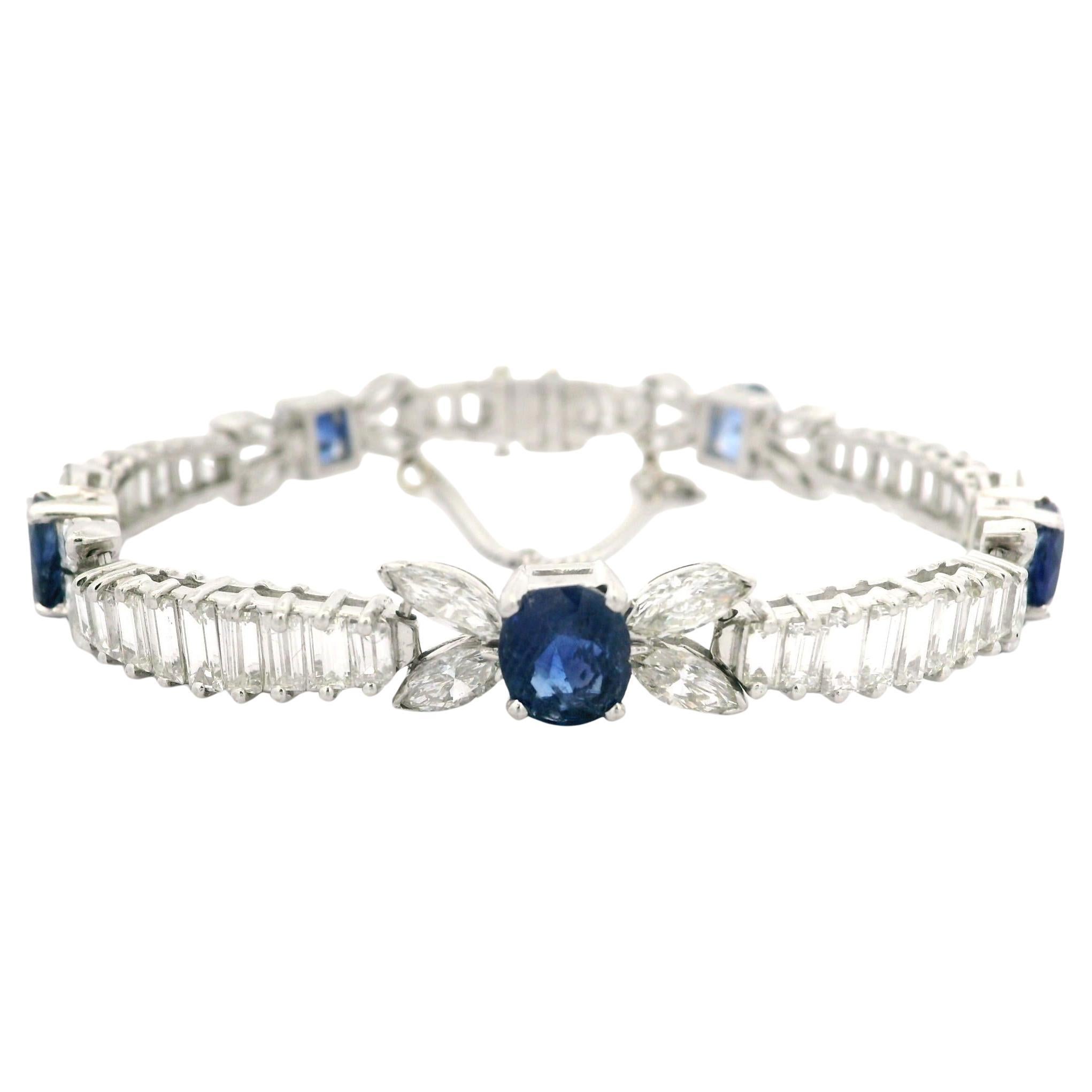 Vintage Platin 20ctw Saphir & Baguette Marquise Diamant Line Armband aus Platin
