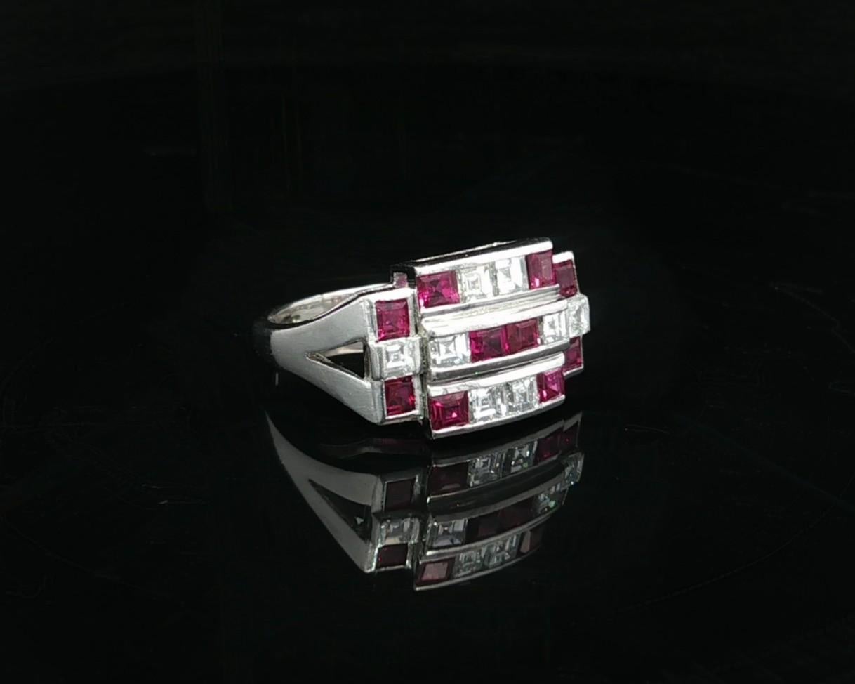 Vintage Platinum 2.11ctw Square Step Cut Channel Set Ruby & Diamond Wide Ring en vente 5