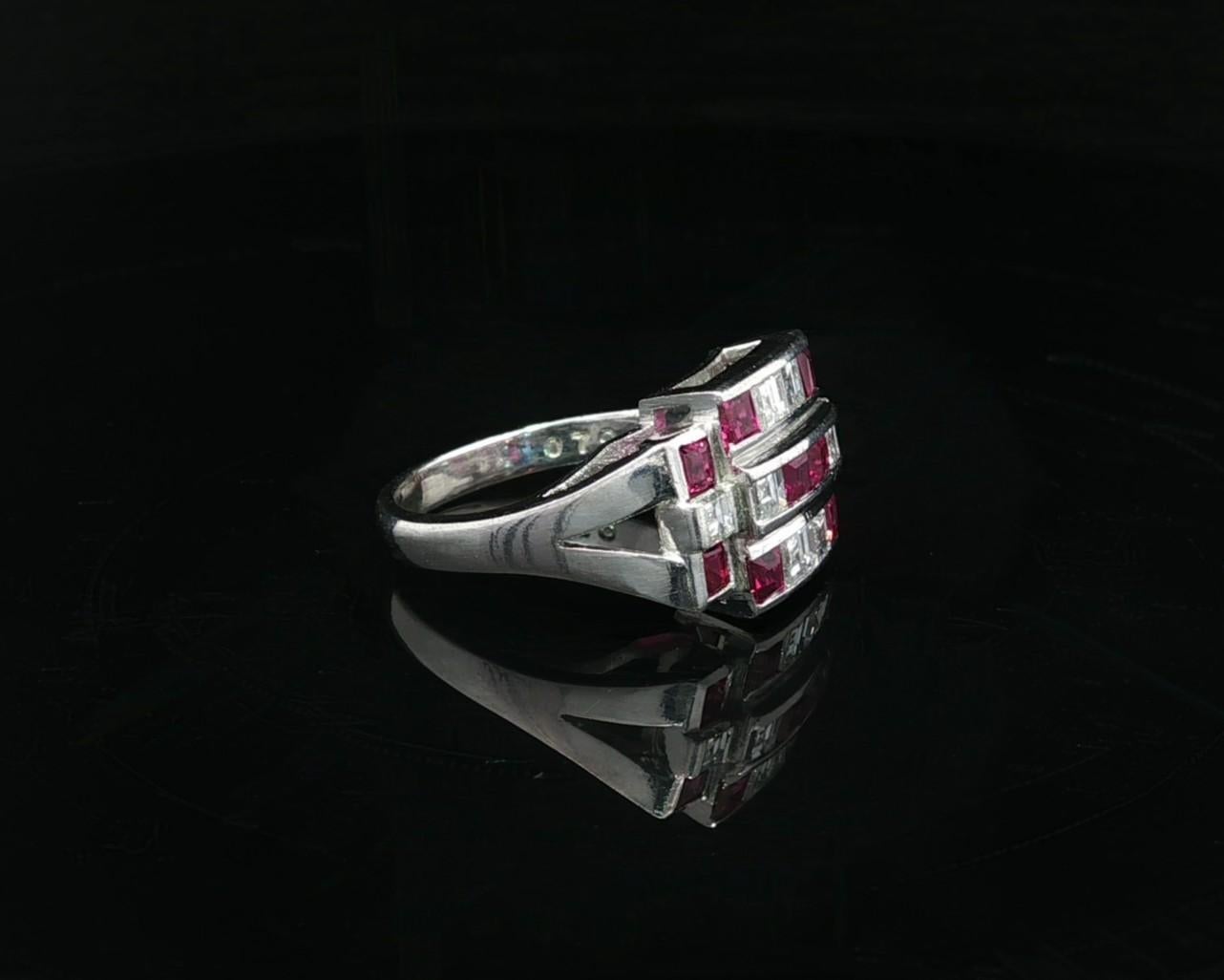 Vintage Platinum 2.11ctw Square Step Cut Channel Set Ruby & Diamond Wide Ring en vente 6