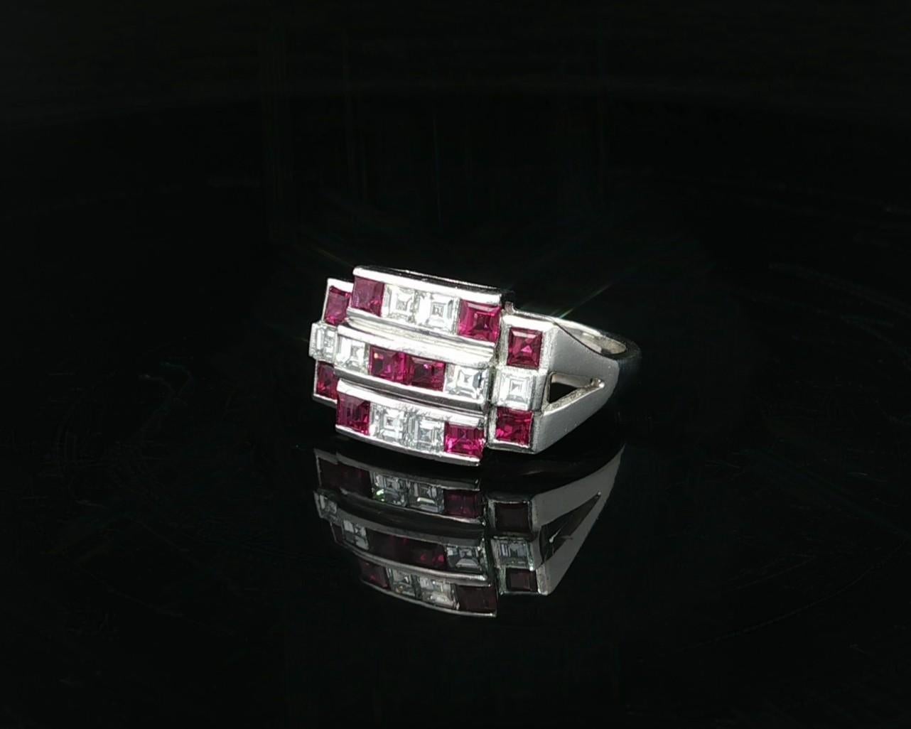 Vintage Platinum 2.11ctw Square Step Cut Channel Set Ruby & Diamond Wide Ring en vente 7