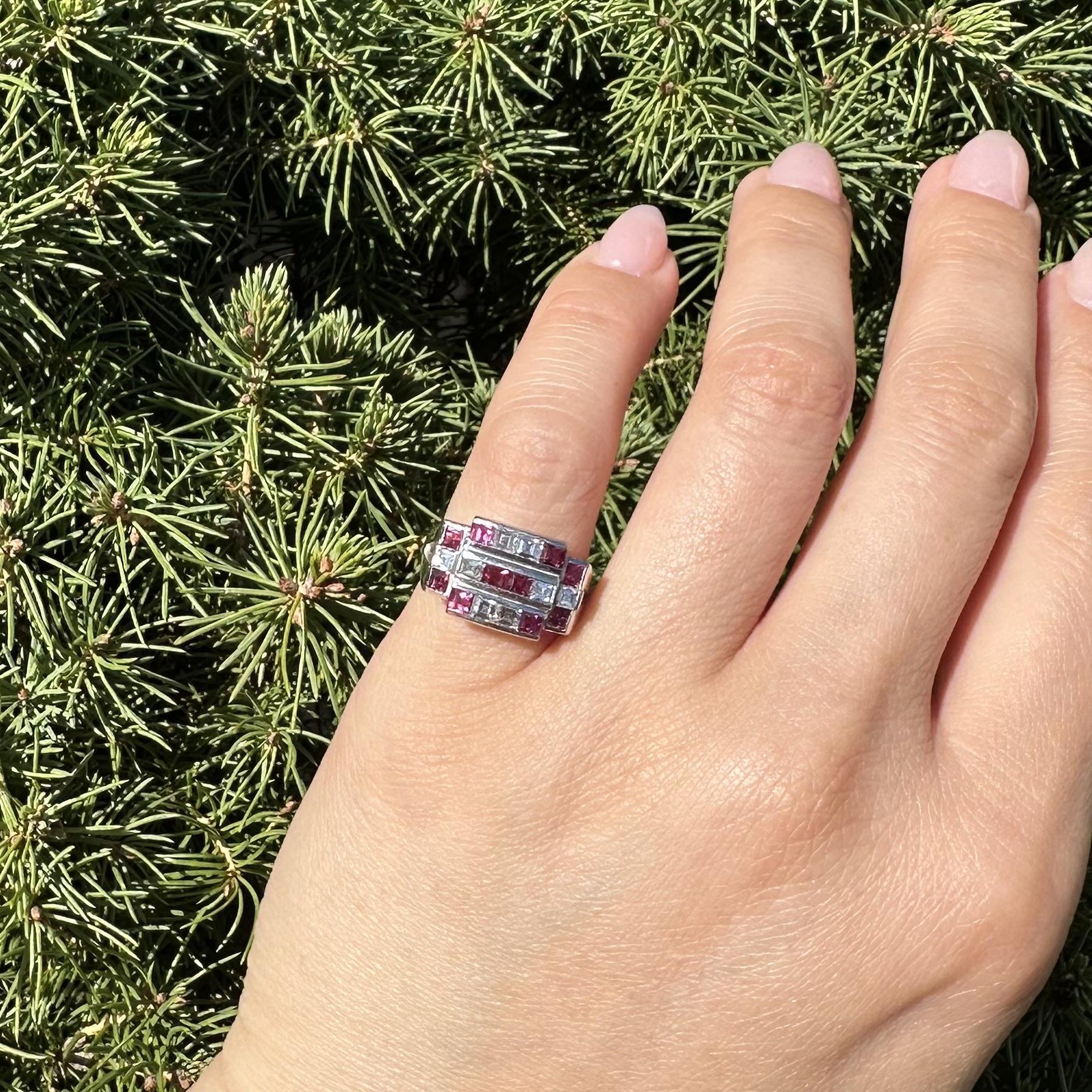 Vintage Platinum 2.11ctw Square Step Cut Channel Set Ruby & Diamond Wide Ring en vente 9