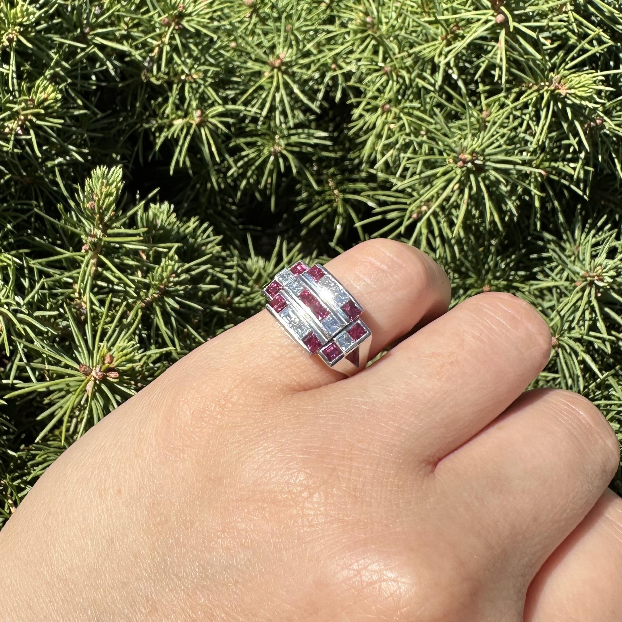 Vintage Platinum 2.11ctw Square Step Cut Channel Set Ruby & Diamond Wide Ring en vente 10