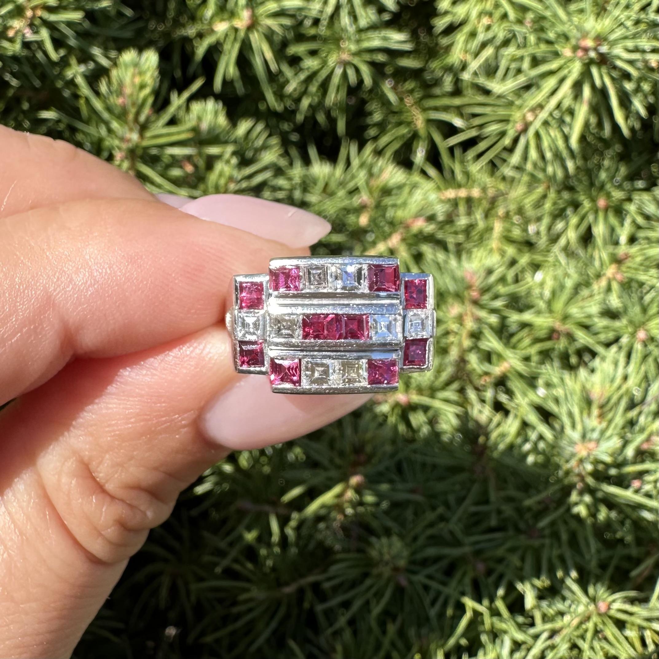 Vintage Platinum 2.11ctw Square Step Cut Channel Set Ruby & Diamond Wide Ring en vente 11