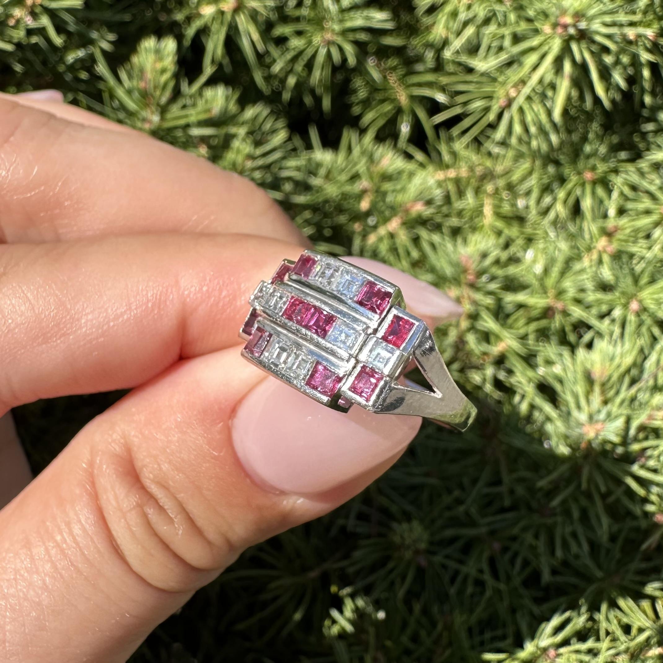 Vintage Platinum 2.11ctw Square Step Cut Channel Set Ruby & Diamond Wide Ring en vente 12