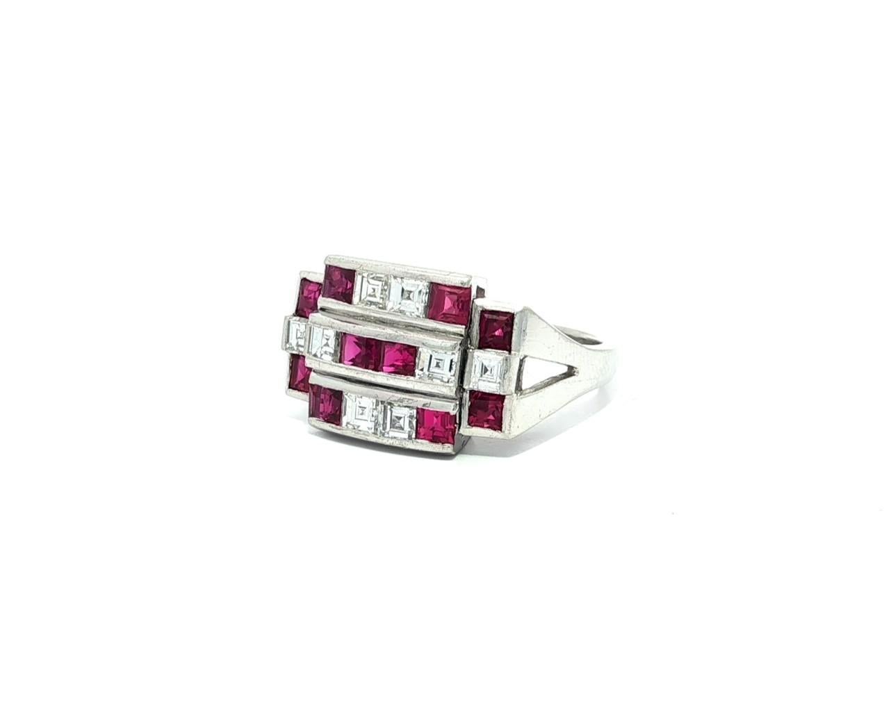 Taille carrée Vintage Platinum 2.11ctw Square Step Cut Channel Set Ruby & Diamond Wide Ring en vente