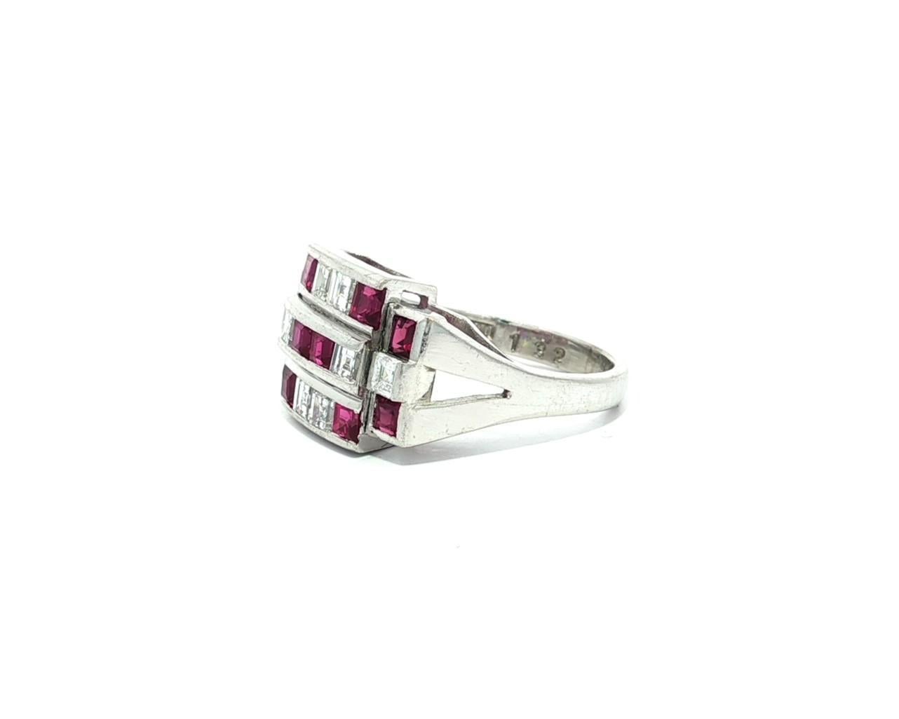 Vintage Platinum 2.11ctw Square Step Cut Channel Set Ruby & Diamond Wide Ring Bon état - En vente à Montclair, NJ