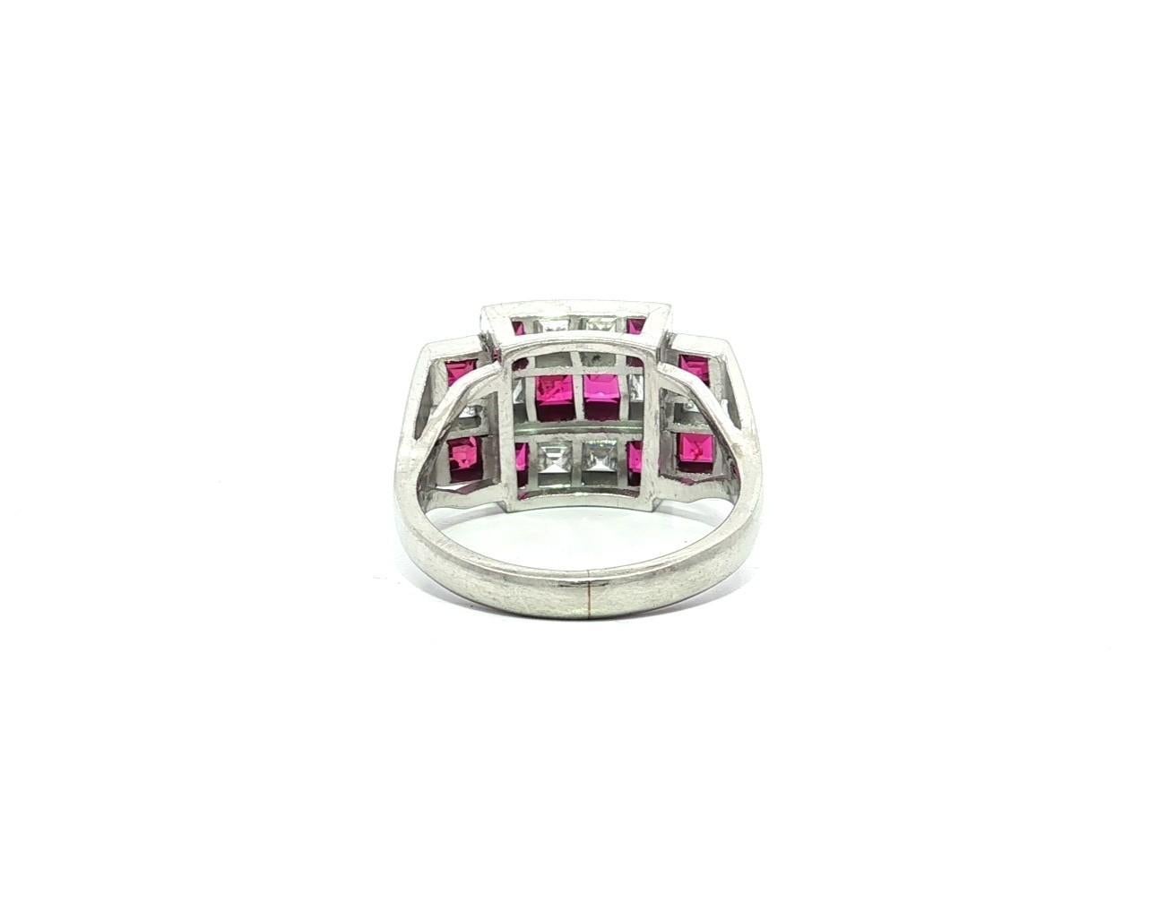 Vintage Platinum 2.11ctw Square Step Cut Channel Set Ruby & Diamond Wide Ring Pour femmes en vente