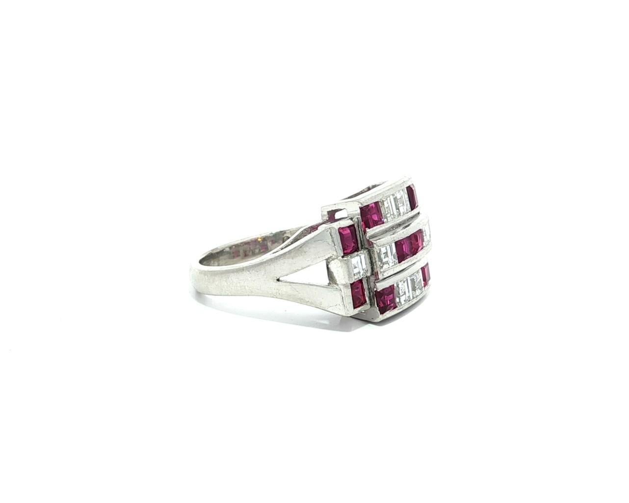 Vintage Platinum 2.11ctw Square Step Cut Channel Set Ruby & Diamond Wide Ring en vente 1