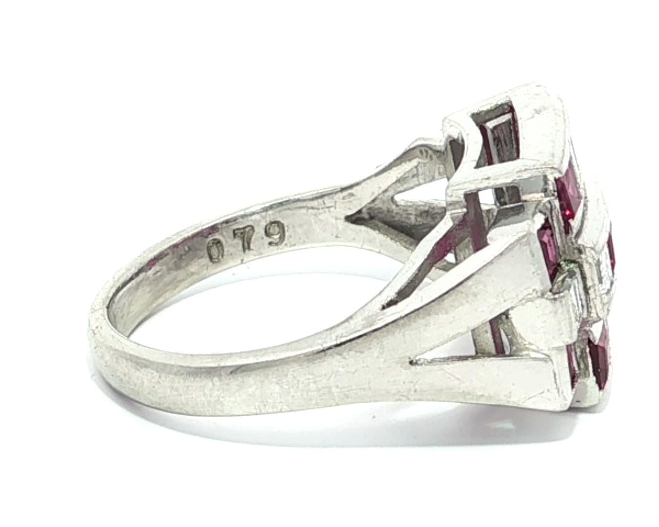 Vintage Platinum 2.11ctw Square Step Cut Channel Set Ruby & Diamond Wide Ring en vente 2