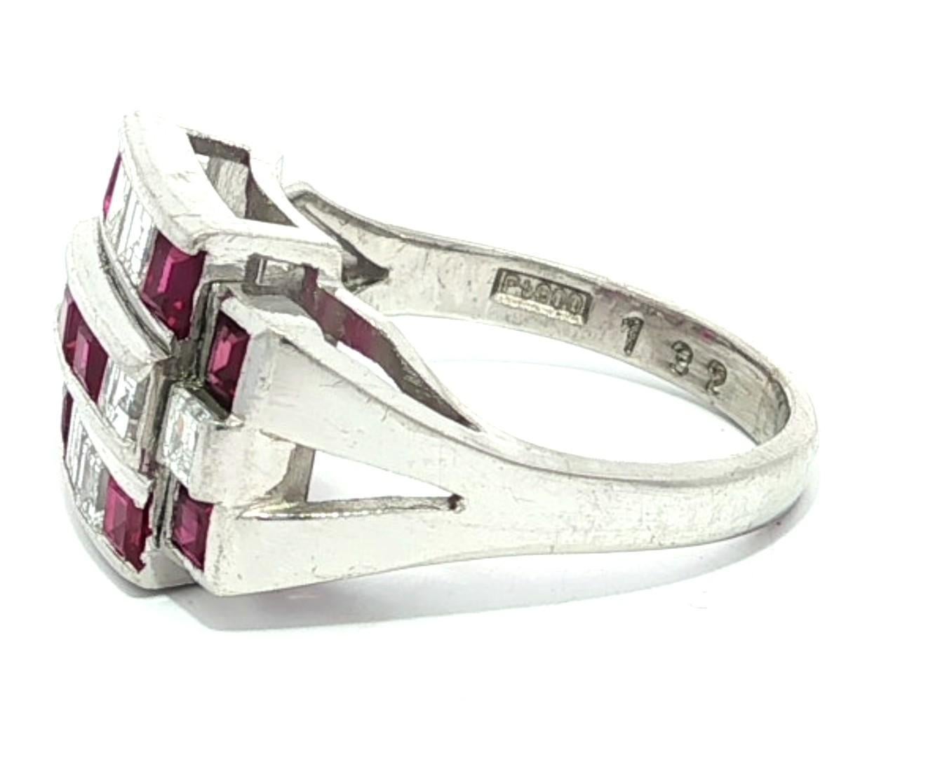 Vintage Platinum 2.11ctw Square Step Cut Channel Set Ruby & Diamond Wide Ring en vente 3
