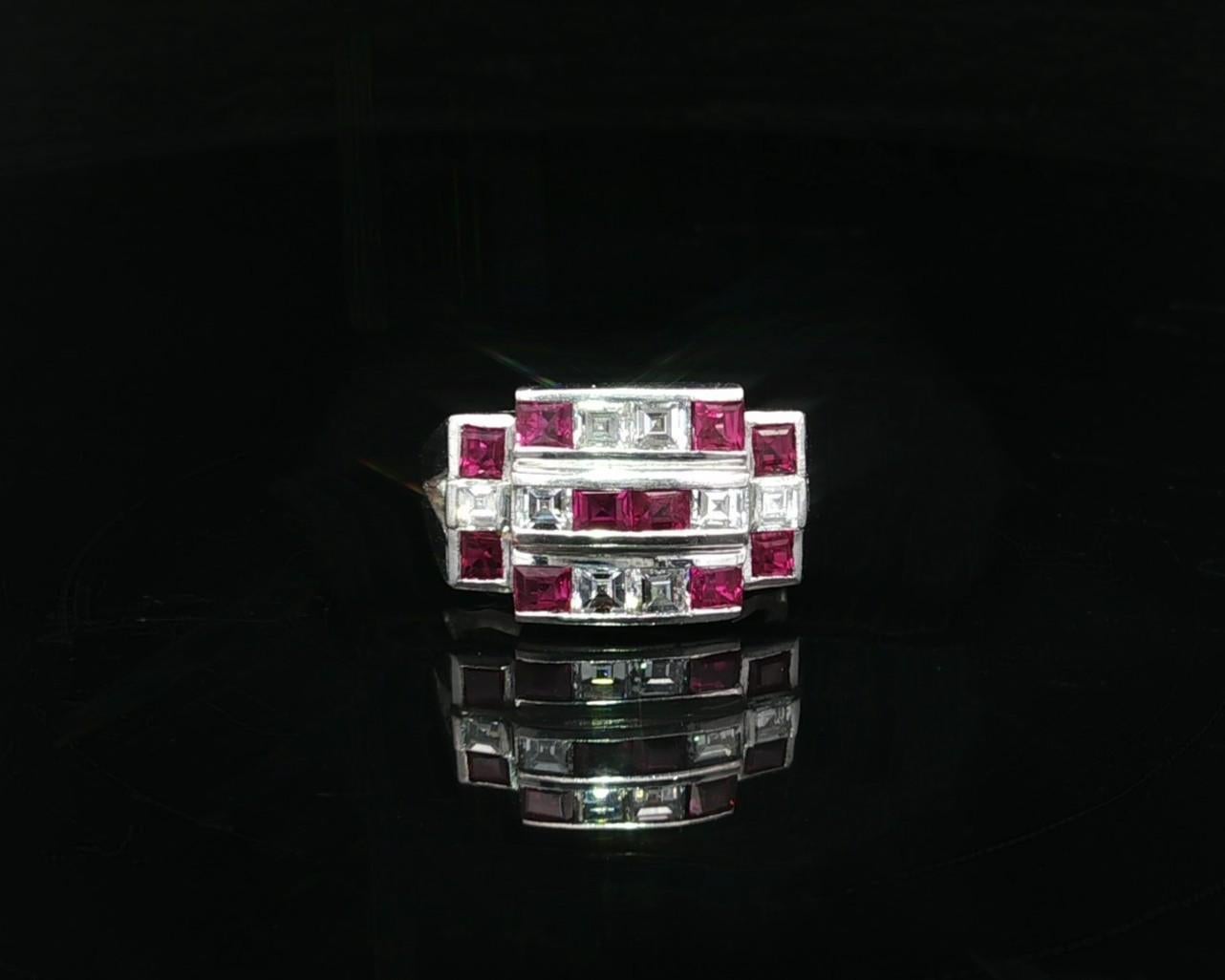 Vintage Platinum 2.11ctw Square Step Cut Channel Set Ruby & Diamond Wide Ring en vente 4