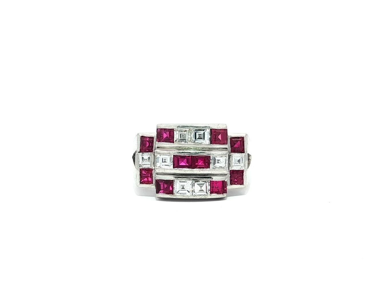 Vintage Platinum 2.11ctw Square Step Cut Channel Set Ruby 
Diamond Wide Ring en vente