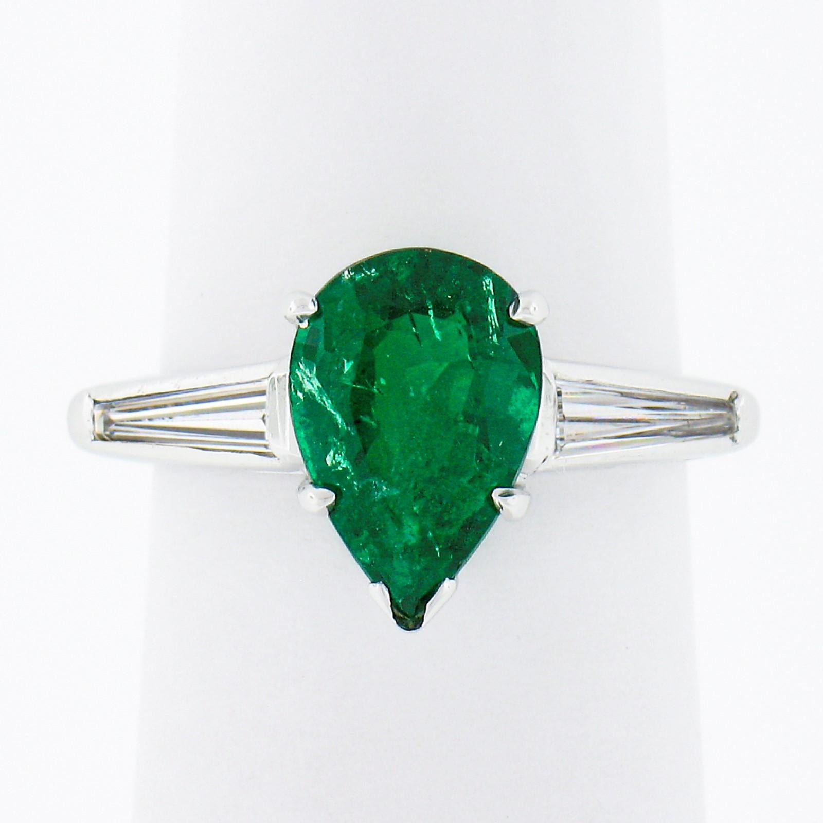Pear Cut Vintage Platinum 2.14ctw SSEF Pear Emerald & Long Baguette Diamond 3 Stone Ring For Sale