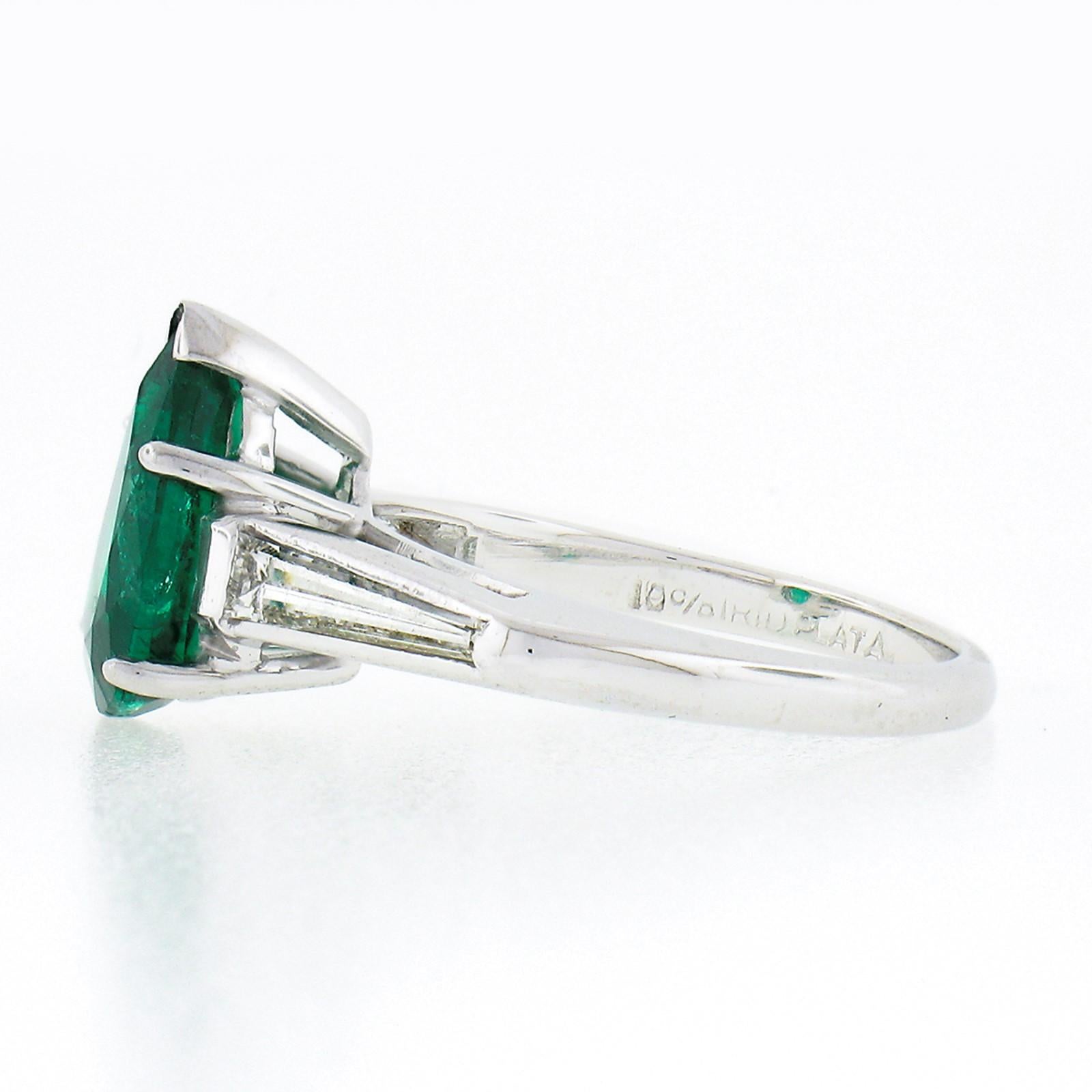 Vintage Platinum 2.14ctw SSEF Pear Emerald & Long Baguette Diamond 3 Stone Ring For Sale 1