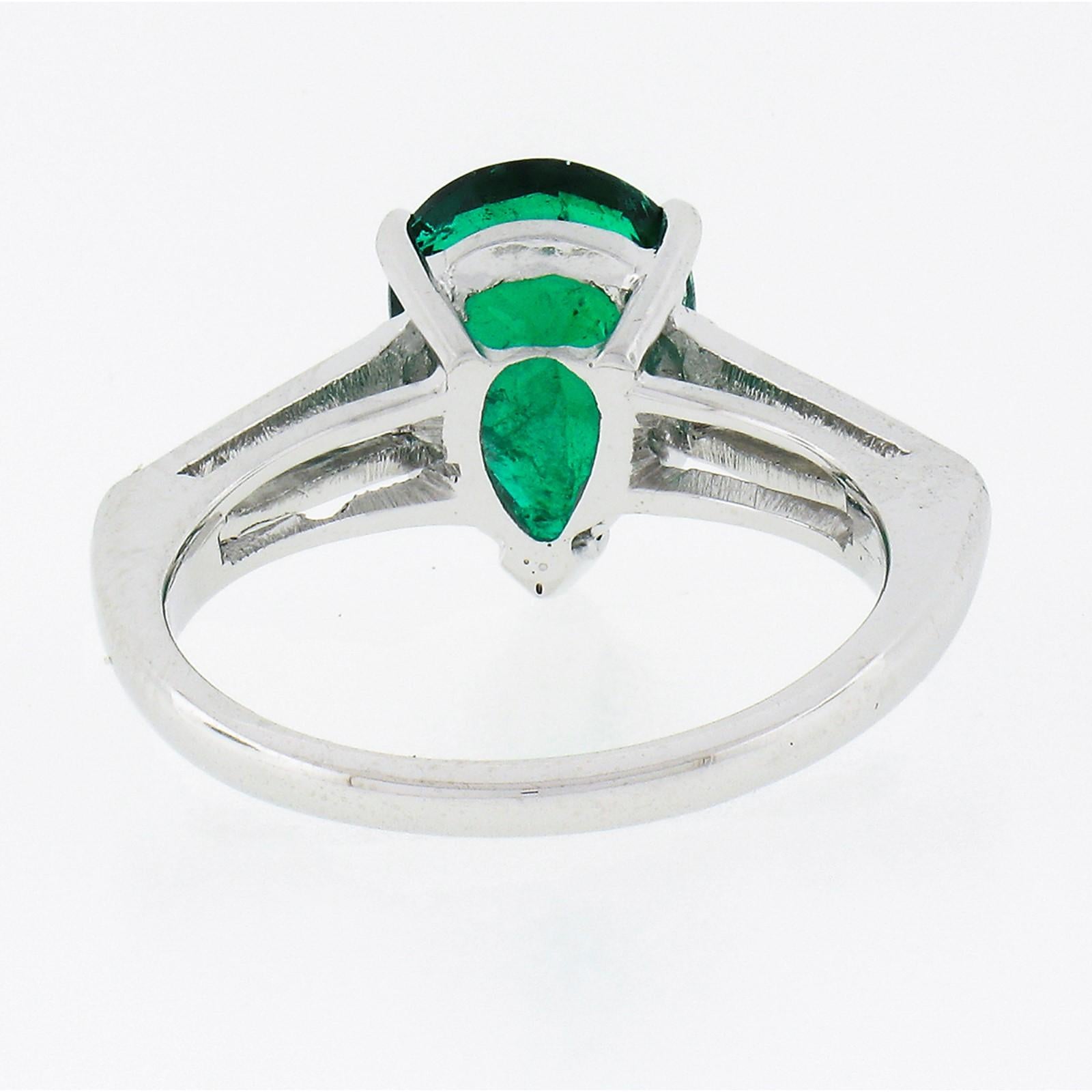 Vintage Platinum 2.14ctw SSEF Pear Emerald & Long Baguette Diamond 3 Stone Ring For Sale 2