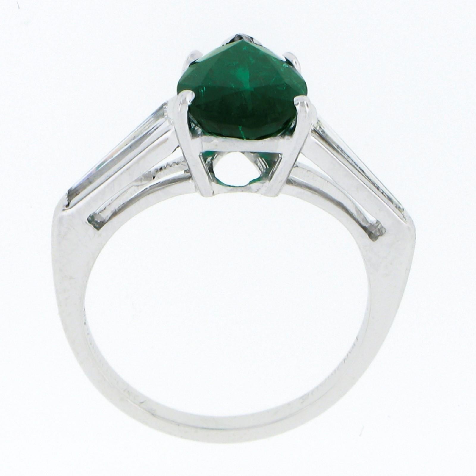 Vintage Platinum 2.14ctw SSEF Pear Emerald & Long Baguette Diamond 3 Stone Ring For Sale 3