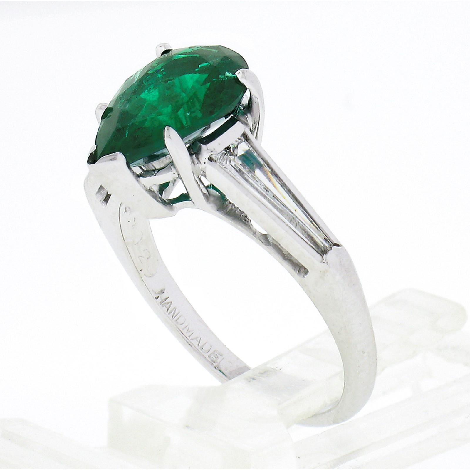 Vintage Platinum 2.14ctw SSEF Pear Emerald & Long Baguette Diamond 3 Stone Ring For Sale 4