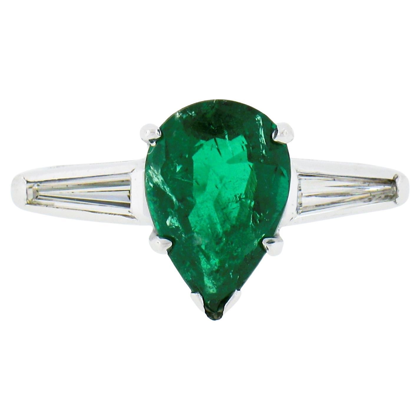 Vintage Platinum 2.14ctw SSEF Pear Emerald & Long Baguette Diamond 3 Stone Ring For Sale