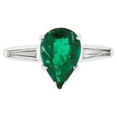 Vintage Platinum 2.14ctw SSEF Pear Emerald & Long Baguette Diamond 3 Stone Ring