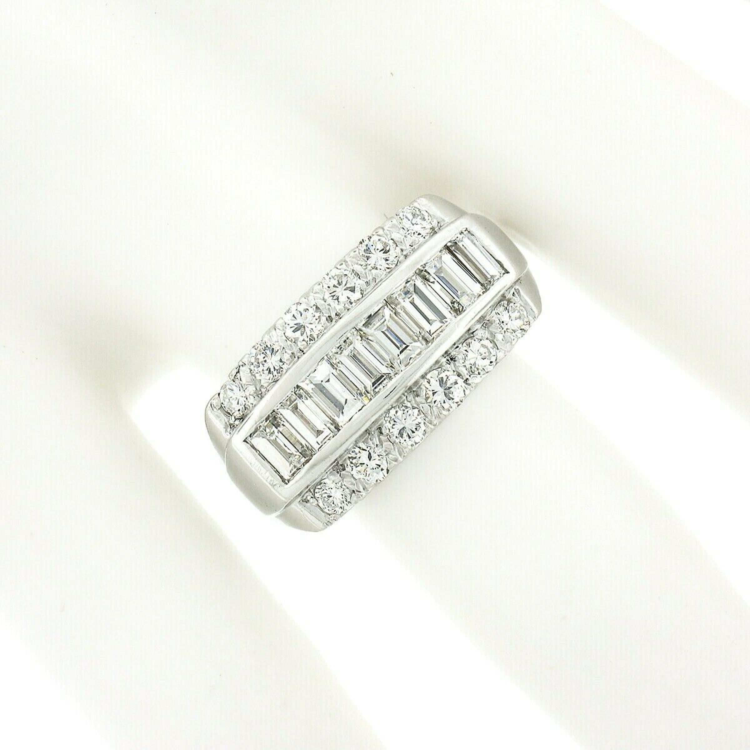 Vintage Platinum 2.15ctw Channel Baguette & Round Diamond 3 Row Wide Band Ring In Good Condition In Montclair, NJ
