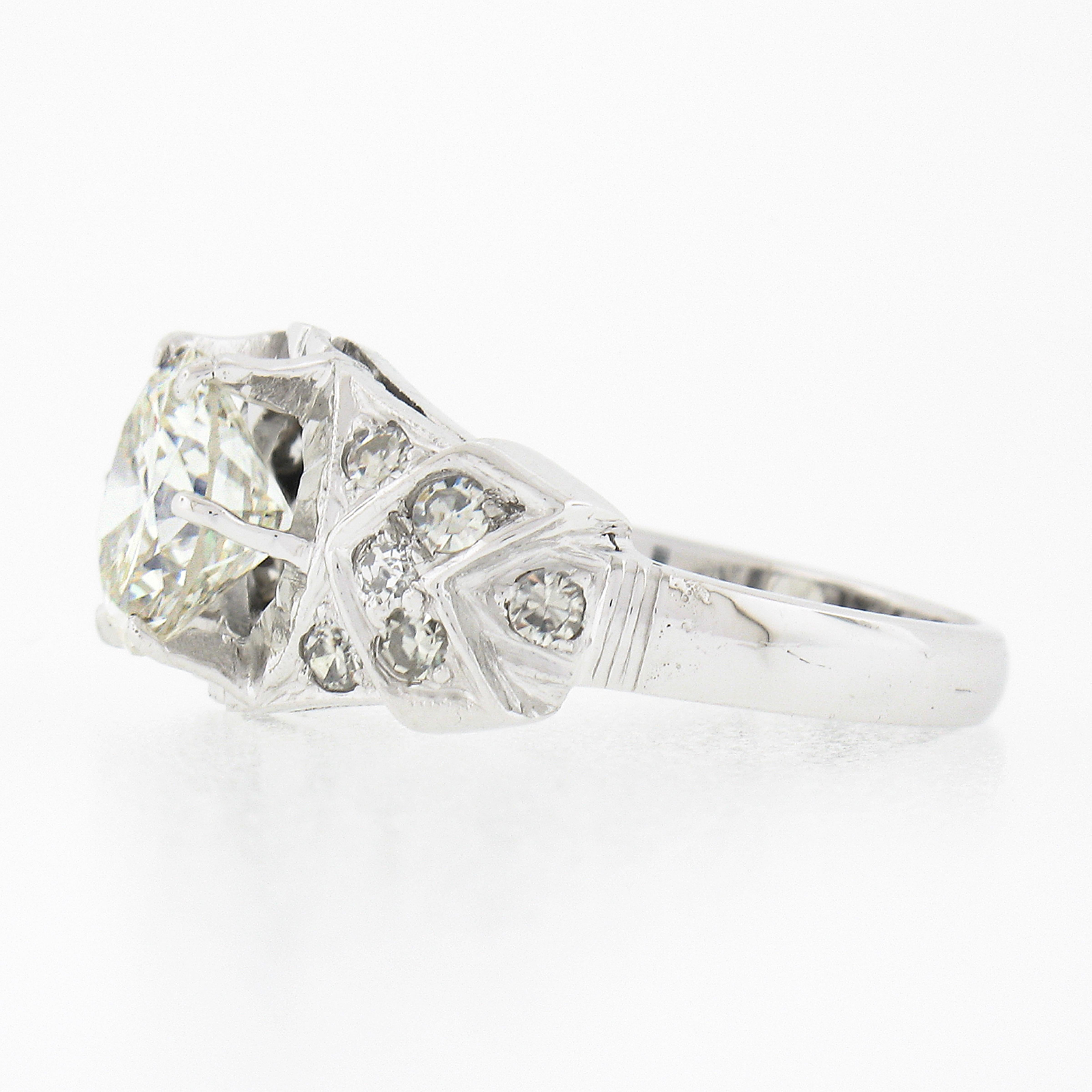 Women's Vintage Platinum 2.15ctw GIA Round Prong Set Diamond w/ Accents Engagement Ring For Sale