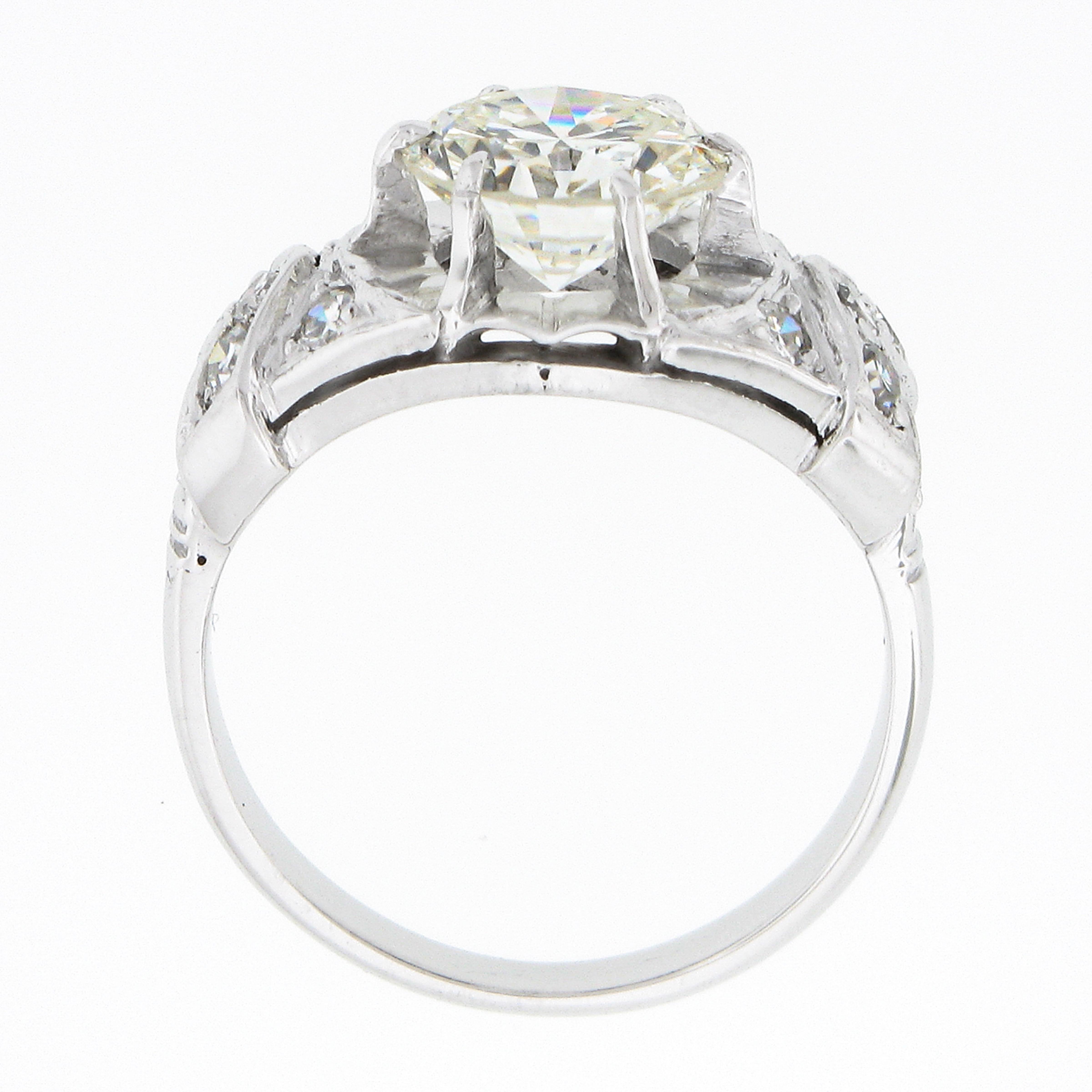 Vintage Platinum 2.15ctw GIA Round Prong Set Diamond w/ Accents Engagement Ring For Sale 2