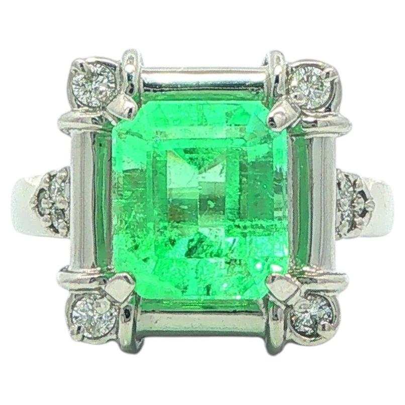 Vintage Platinum 2.17ctw GIA Colombian Emerald & Diamond Bar Frame Ring