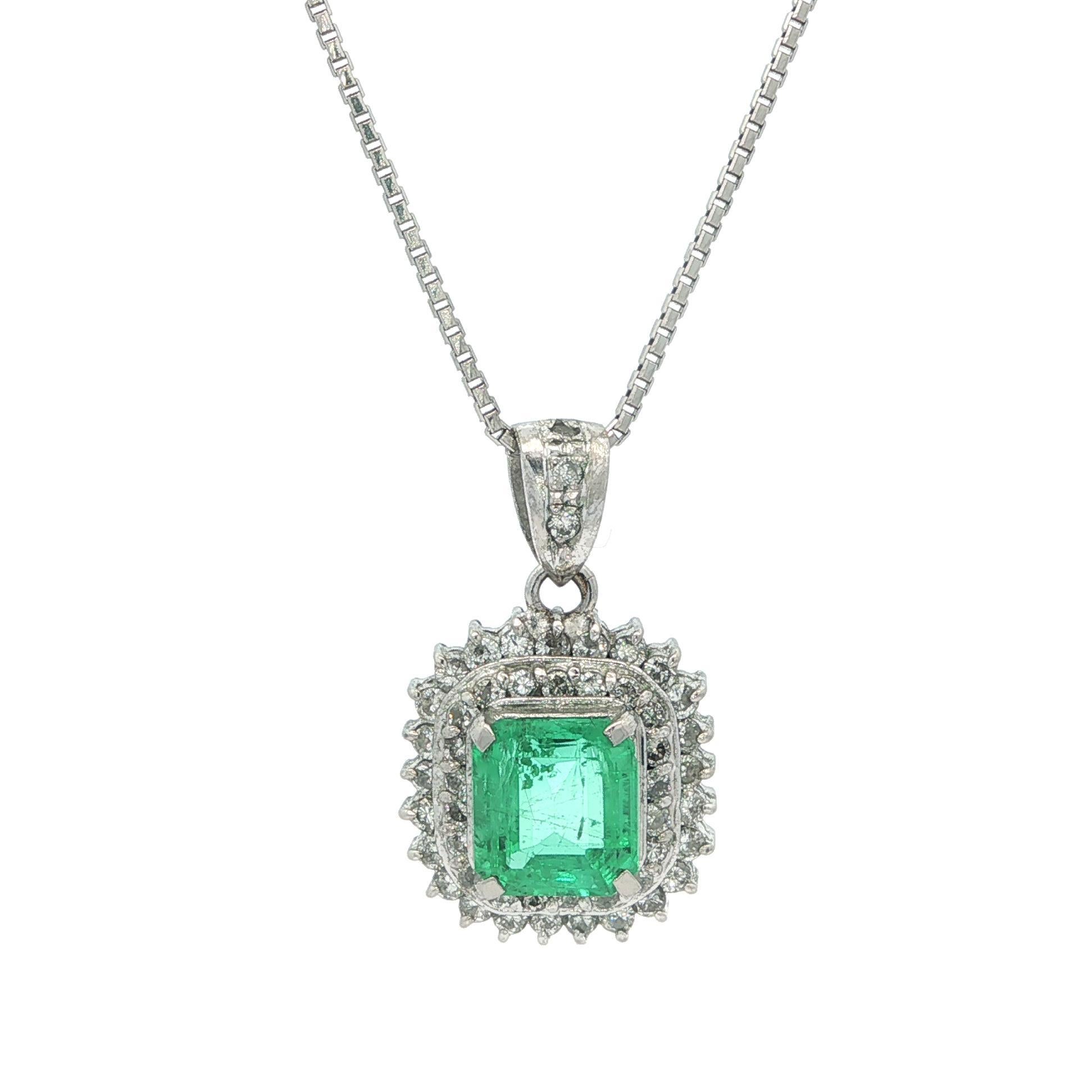 Vintage Platinum 2.32ct Colombian Emerald w/ Diamond Pendant Adjustable Necklace For Sale