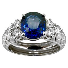 Vintage Platinum 2.33Ct Oval Shaped Blue Sapphire and Diamond Ring