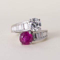 Vintage Platinum 2.37ct Burma Ruby No Heat 1.42ct Diamond Toi et Moi Ring