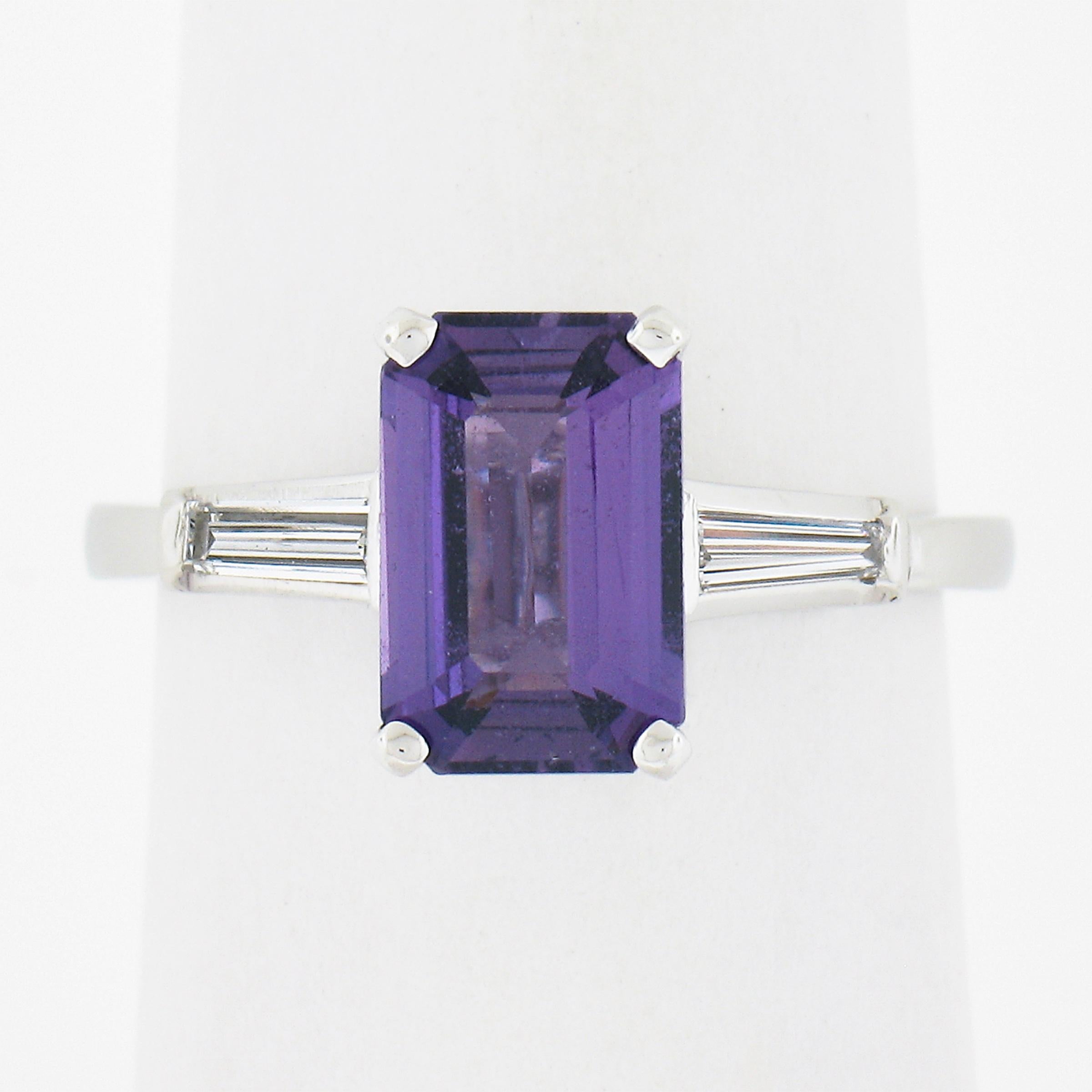 Octagon Cut Vintage Platinum 2.4ctw GIA NO HEAT Purple Sapphire & Diamond Engagement Ring For Sale