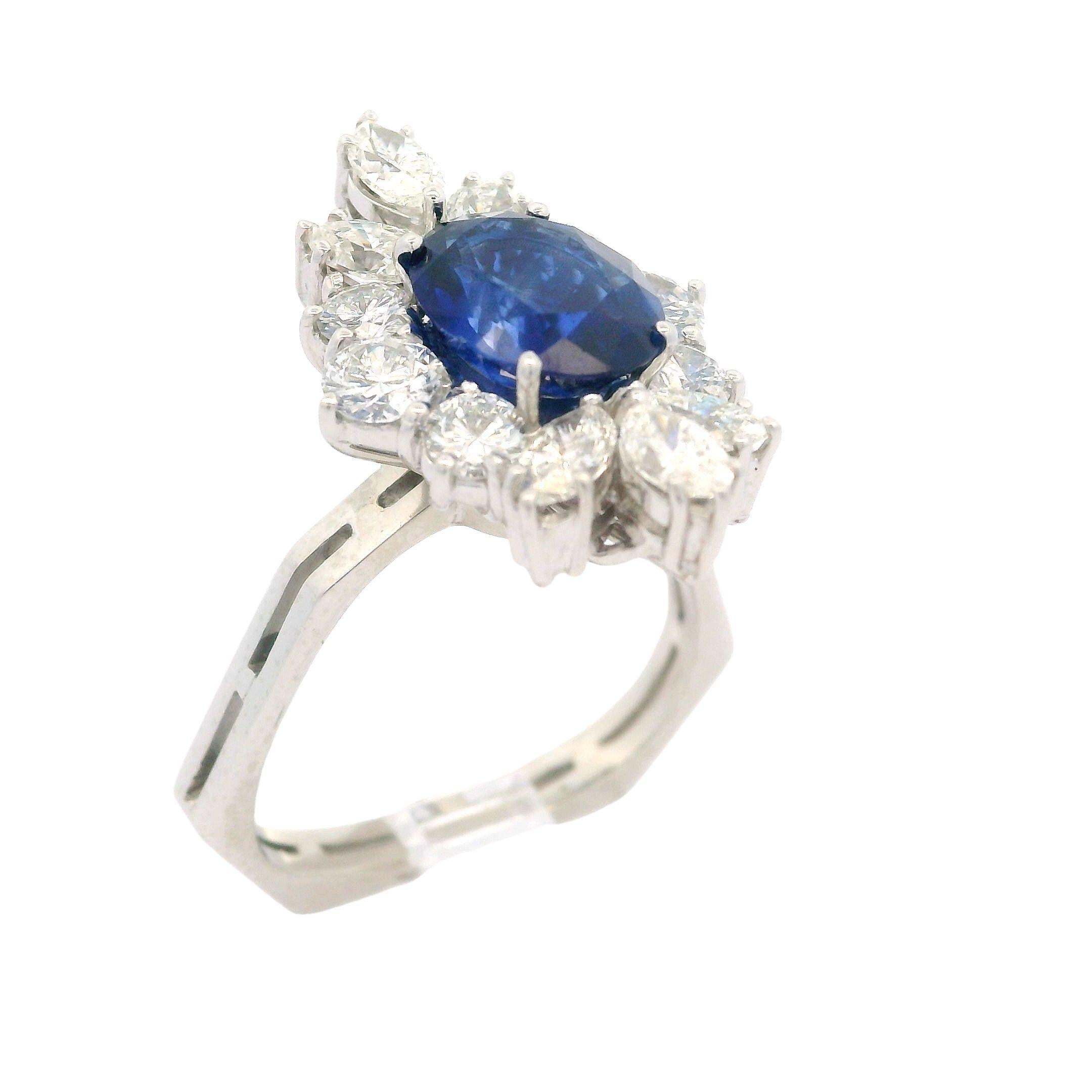 Oval Cut Vintage Platinum 2.4ctw GIA Royal Blue Sapphire & Diamond Geometric Shank Ring For Sale