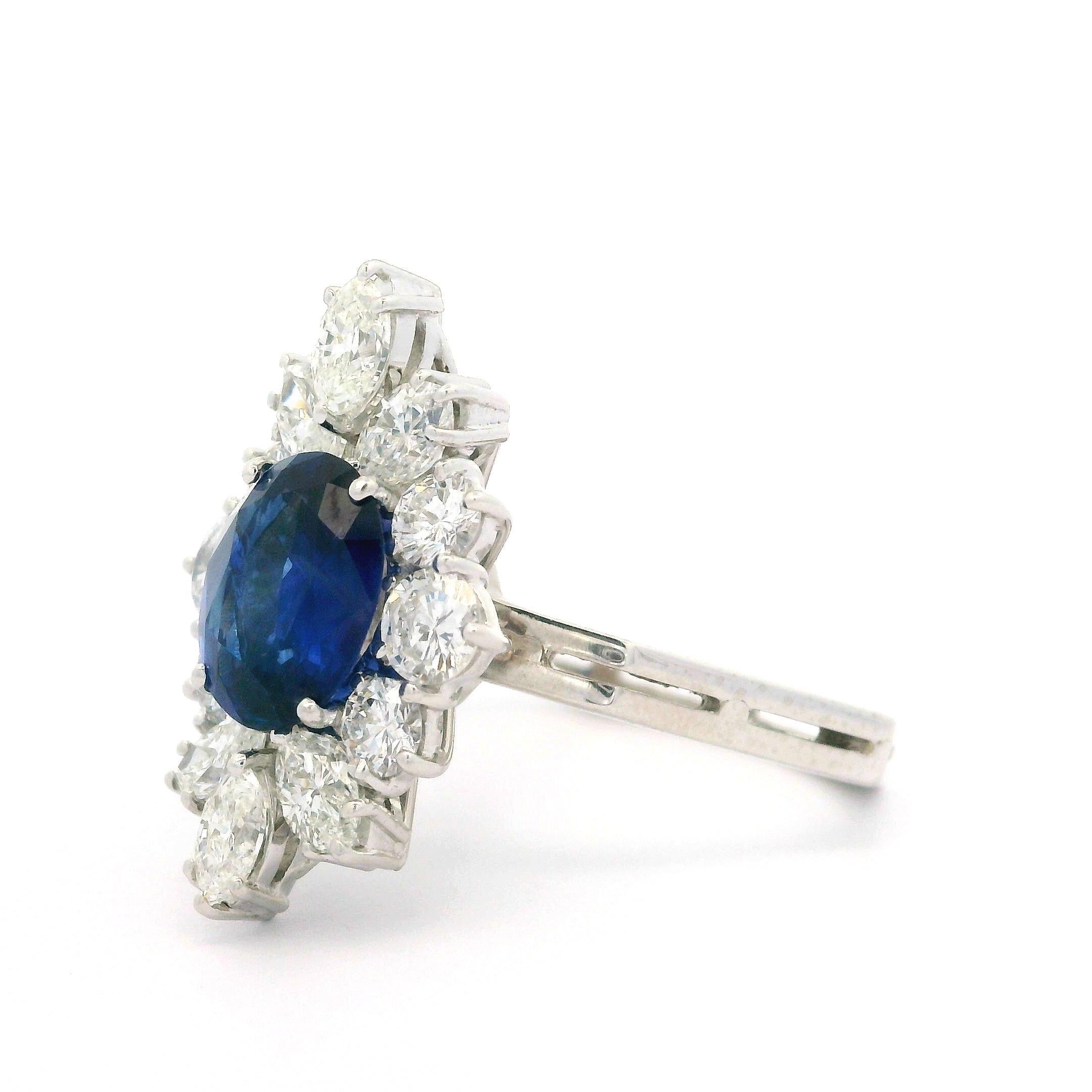 Vintage Platinum 2.4ctw GIA Royal Blue Sapphire & Diamond Geometric Shank Ring For Sale 3