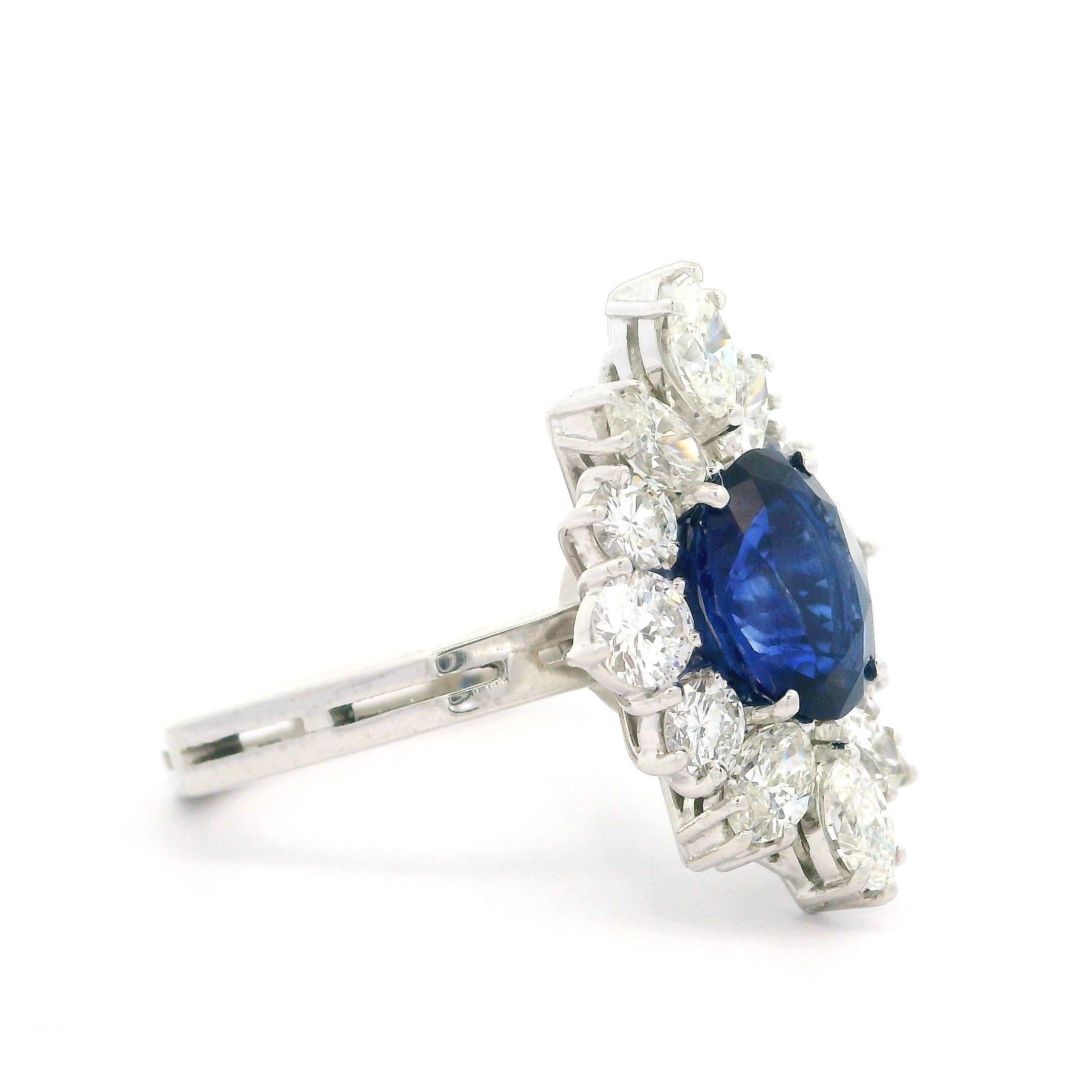 Vintage Platinum 2.4ctw GIA Royal Blue Sapphire & Diamond Geometric Shank Ring For Sale 4