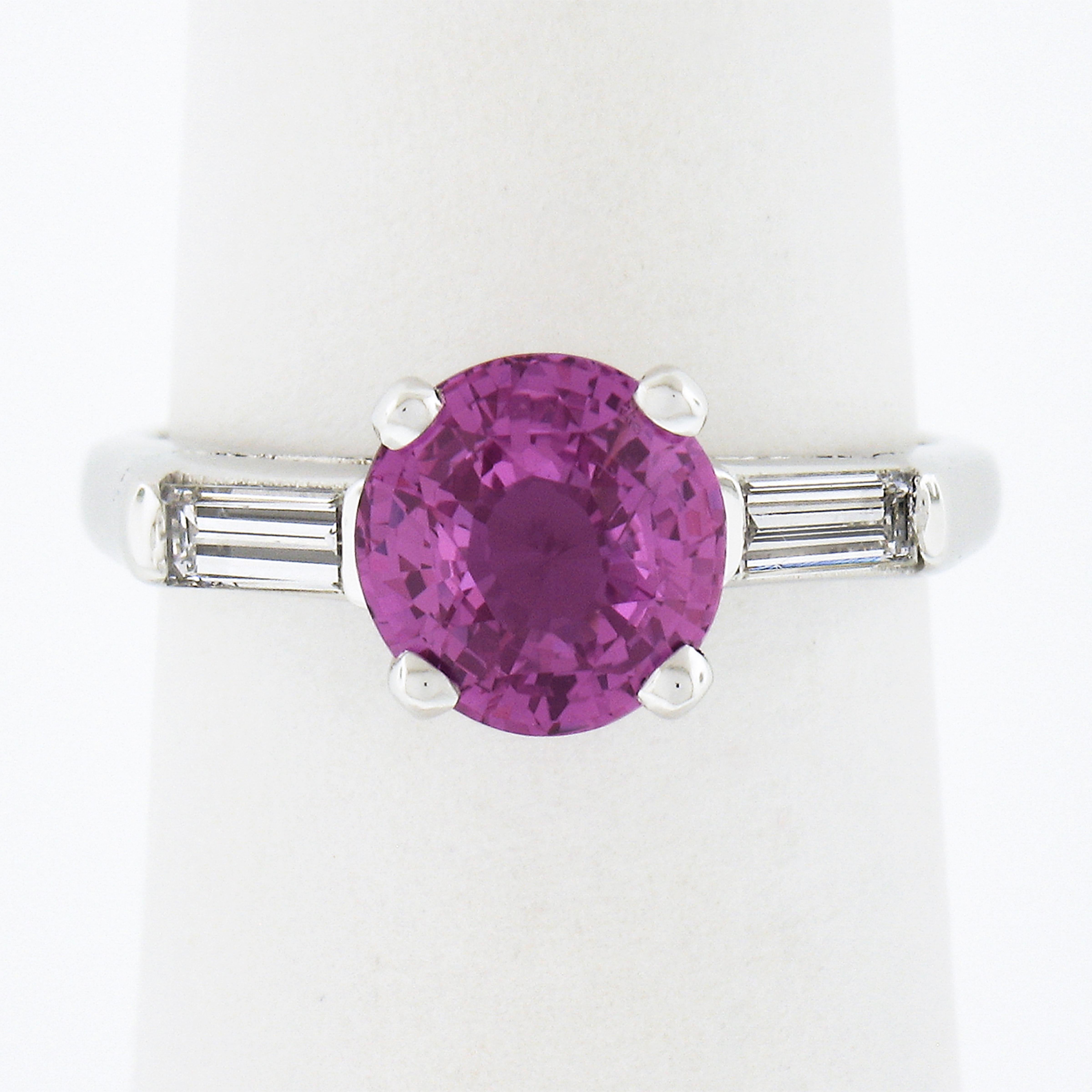 Vintage Platinum 2.51ctw GIA No Heat Round Purple-Pink Sapphire & Diamond Ring In Good Condition For Sale In Montclair, NJ