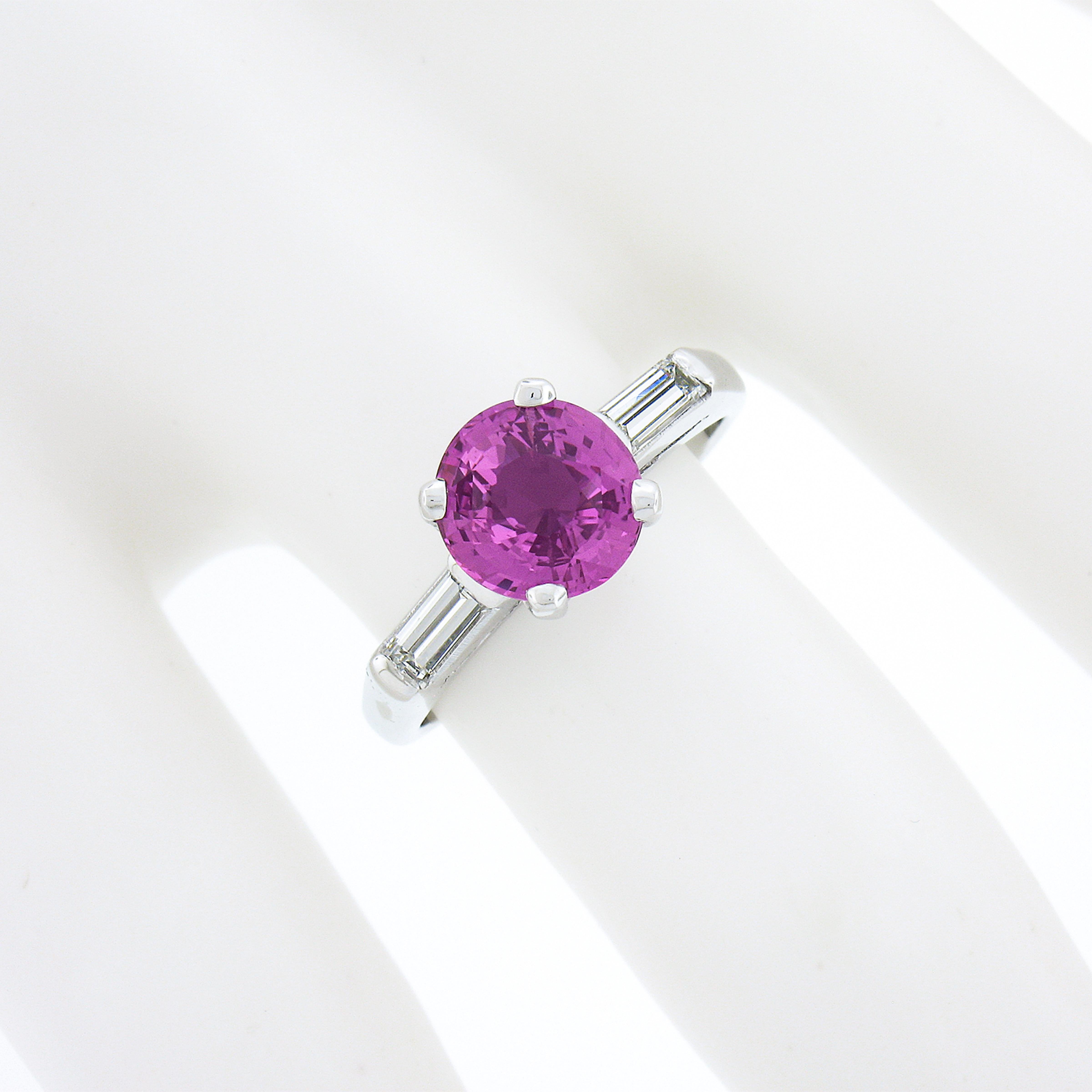 Vintage Platinum 2.51ctw GIA No Heat Round Purple-Pink Sapphire & Diamond Ring For Sale 1